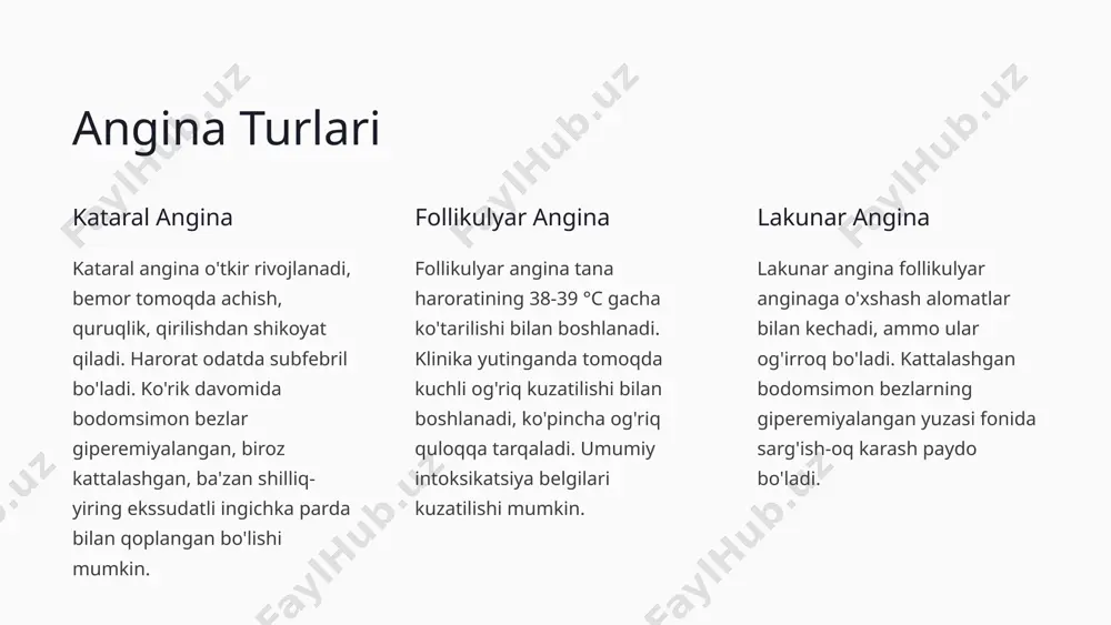 lar qo'llaniladi. 2 mahalliy vositalar tomoqni chayish uchun iliq kuchsiz tuz eritmalari, antiseptik spreylar va pastilkalar ishlatiladi. 3 qo'shimcha muolajalar isitma tushiruvchi vositalar, ko'p suyuqlik ichish, yumshoq parhez tavsiya etiladi. 5 xalq tabobatida angina davolash limon limon po'sti bilan chaynash, limon kislotasi eritmasi bilan tomoqni chayish samarali usullar hisoblanadi. sarimsoq sarimsoq bo'tqasi bilan ingalyatsiya qilish, shuningdek, sarimsoq choy damlab ichish foydali. o'simlik damlamalari o'simlik damlamalari bilan tomoqni chayish va ingalyatsiya qilish anginada yaxshi samara beradi. 6 angina oldini olish sanitatsiya surunkali infektsiya o'choqlarini o'z vaqtida davolash muhim. shamollatish xonani tez-tez shamollatib turish va nam tozalash kerak. izolatsiya bemor alohida xonada yotishi, idish-tovoqlari alohida bo'lishi lozim. 7 angina epidemiologiyasi kasallik tarqalishi uchinchi o'rinda asosiy qo'zg'atuvchilar a guruh β-gemolitik streptokokklar, stafilokokklar yuqumlilik yuqumli kasallik tarqalish yo'llari havo-tomchi, kam hollarda fekal-oral 8 angina tarixi qadimgi zamonlar angina gippokrat, sels asarlarida keltirib o'tilgan. o'rta asrlar abu ali ibn sino qo'lyozmalarida angina fonidagi asfiksiyada intubatsiya …