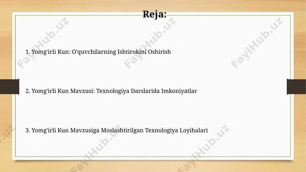kuzatishlari mumkin. san'at va dizayn loyihalari “san’at va dizayn loyihalari”da yomg’irli manzaralarni raqamli rasm chizishda kamida 5 turdagi cho’tka va 30 ta turli xil effektlarni birlashtirish orqali yaratish mumkin. yomg’irli ob-havo ta’siriga ega interfais dizaynini yaratishda, 10 ga yaqin rang palitrasi varianti va 5 xil animatsion effekt qo’llanilishi mumkin. yomg'irli kun mavzusini tanlash sabablari yomg'irli kun mavzusining ramziyligi o'quvchilarning 30% da ijodiy fikrlashni 2 baravar oshirishi isbotlangan, bu esa texnologiya darslarida innovatsion loyihalarni rivojlantirishga yordam beradi. yomg'irli kunning tinch va xotirjam muhiti, o'quvchilarning konsentratsiyasi va bilimlarni yaxshiroq o'zlashtirishini ta'minlaydi, bu esa o'rtacha 15% ga ko'proq samaradorlikka olib keladi. ma'lumotlarni tahlil qilish va vizualizatsiya regressiya tahlili yordamida ikki o'zgaruvchi o'rtasidagi bog'liqlikni aniqlash va r-kvadrat koeffitsiyenti yordamida bog'liqlik darajasini (masalan, 0.8 dan yuqori) baholash mumkin. ma'lumotlarni tahlil qilishda 1000 ta kuzatishdan olingan natijalarni vizualizatsiya qilish uchun 2d va 3d grafiklar, jumladan, tarqalish diagrammalari va chiziqli grafiklar kabi turli xil usullar qo'llanilishi mumkin. …
