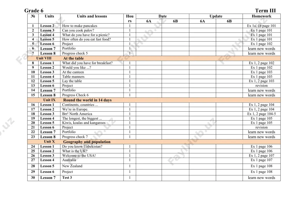 9 lesson 6 project 1 ex 1 page 108 30 lesson 7 test 3 1 learn new words grade 6 term iv № units units and lessons hours date update homework 6a 6b 6a 6b 1 lesson 8 portfolio 1 learn new words unit xi nature and climate 2 lesson 1 climate of the world 1 ex 1 page 109 3 lesson 2 what’s the climate like? 1 ex 1a, 1b page 109 4 lesson 3 save water! 1 ex 1 page 109 5 lesson 4 save energy! 1 ex 1, 2 page 109 6 lesson 5 save our rain forests! 1 ex 1 page 109 7 lesson 6 project 1 revision 8 lesson 7 portfolio 1 learn new words 9 lesson 8 progress check 8 1 learn new words unit xii the world of fairy tales 10 lesson 1 what were you doing? 1 ex 1, 2 page 110 …