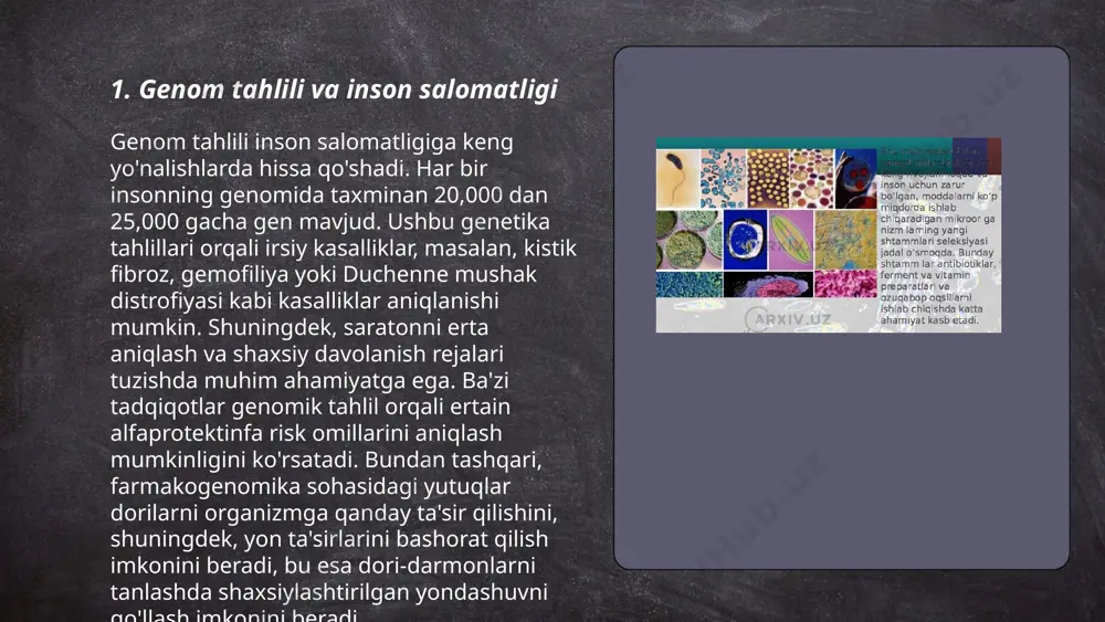 shiradi. aqshda yiliga taxminan 4 milliondan ortiq chaqaloq tug‘ilib, ularning deyarli barchasi genetik skriningdan o‘tadi. o‘zbekistonda ham birinchi marta tug‘ilgan chaqaloqlar uchun bunday tahlillar ixtiyoriy ravishda amalga oshirilmoqda. genetik skrining yordamida kasalliklarni erta aniqlash, ularning og‘ir asoratlarini kamaytirish va bolalarning sog‘lom o‘sishi uchun muhim ahamiyatga ega. genetika va inson salomatligi subixonova mohinur e'tiboringiz uchun raxmat! image1.png image2.png image3.png image4.png image5.png image6.png /docprops/thumbnail.jpeg