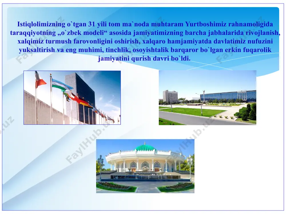 tisodning siyosatdan ustunligi davlat bosh islohotchi qonun ustuvorligi kuchli ijtimoiy siyosat olib borish bozor munosabatlariga bosqichma-bosqich otish iqtisodiyotning mafkuradan xoliligi, siyosatdan ustunligini nazarda tutadigan iqtisodiy siyosat davlatning bosh islohotchilik vazifasini o`z zimmasiga olishi qonun ustuvorligini ta’minlash kuchli ijtimoiy siyosat olib borish islohotlarni bosqichma-bosqich amalga oshirish o'zbekistonning o'z istiqlol va taraqqiyot yo'li bu asar prezident islom karimov tomonidan 1992 yilda yozildi. asarda o'zbekiston taraqqiyotining o'ziga xos yo'li va demokratik jamiyat qurishning jahon taraqqiyoti tajribasi tahlil qilindi. , bu asar 5 qism, bo'limlarni o'zida ifoda etadi. bular: 1. o'z yo'limizning shart-sharoiti va zaminlari. 2. o'zbekiston demokratik va itimoiy adolat jamiyati. 3. milliy manfaatlar ustuvorligi va teng huquqli hamkorlikka asoslangan tashqi siyosat. 4. ijtimoiy jihatdan yo'naltirilgan bozor iqtisodiyotini qurish - mustaqil o'zbekiston ichki siyosatining negizlari. 5. mustaqil o'zbekistonni rivojlantirishning ma'naviy-axloqiy negizlari. shirkat xo`jaliklari nеgizida 215 mingga yaqin fеrmеr xo`jaliklari tashkil etildi yеr uchastkalari optimallashtirilib, 66 mingdan ortiq fеrmеr tanlab olindi fеrmеr xo`jaliklarining o`rtacha …