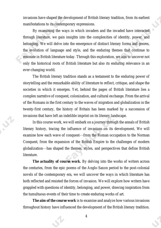 the history of britain has been marked by a succession of invasions that have left an indelible imprint on its literary landscape. in this course work, we will embark on a journey through the annals of british literary history, tracing the influence of invasions on its development. we will examine how each wave of conquest—from the roman occupation to the norman conquest, from the expansion of the british empire to the challenges of modern globalization—has shaped the themes, styles, and perspectives that define british literature. the actuality of course work. by delving into the works of writers across the centuries, from the epic poems of the anglo-saxon period to the post-colonial novels of the contemporary era, we will uncover the ways in which literature has both reflected and resisted the forces of invasion. we will explore how writers have grappled with questions of identity, belonging, and power, drawing inspiration from …