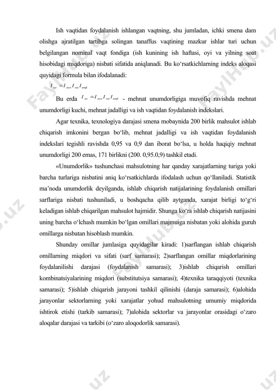 2)sarflangan omillar miqdorlarining foydalanilishi darajasi (foydalanish samarasi); 3)ishlab chiqarish omillari kombinatsiyalarining miqdori (substitutsiya samarasi); 4)texnika taraqqiyoti (texnika samarasi); 5)ishlab chiqarish jarayoni tashkil qilinishi (daraja samarasi); 6)alohida jarayonlar sektorlarning yoki xarajatlar yohud mahsulotning umumiy miqdorida ishtirok etishi (tarkib samarasi); 7)alohida sektorlar va jarayonlar orasidagi o‘zaro aloqalar darajasi va tarkibi (o‘zaro aloqodorlik samarasi). mehnat unumdorligini aniqlash usullari mehnat unumdorligini o‘lchash darajasi bo‘yicha bir xildagi mahsulotni ishlab chiqaradigan alohida ish o‘rinlari (brigada, uchastkalar)ni ko‘rsatib o‘tish mumkin. bu o‘rinda ishlab chiqarilgan mahsulot hajmini va ishlab chiqarish normalarini (dona, tonna, kub yoki kvadrat metr va hokazo) aniqlashning natural (tabiiy) usulini qo‘llash maqsadga muvofiqdir. bu usul oddiy, qulay va ishonchli bo‘lsada, u faqat bir xil mahsulot ishlab chiqariladigan ish joylarida qo‘llaniladi, shuning uchun ham amalda undan kamroq foydalaniladi. korxonaning birigada va uchastkalarida butunlay bir xil mahsulot ishlab chiqarilsa, bunday holatdagina natural usul qo‘llanilishi mumkin: misol. agar tsexning 10 ishchisi bir hafta mobaynida 800 ta detal ishlab …