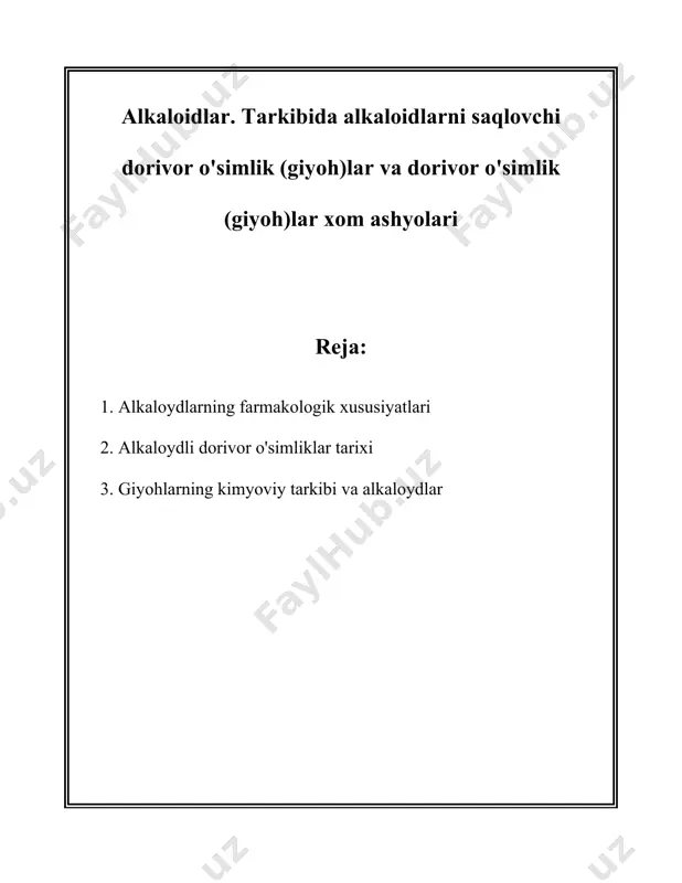 ri sifatida tanilgan. u plazmodium parazitlariga qarshi kurashadi. #### 5. antitumor ta'sir - **vinkristin va vinblastin**: ushbu alkaloidlar saraton kasalliklarini davolashda ishlatiladi, ayniqsa leykoz va limfoma turida. #### 6. antimikroblar - **berberin**: berberin turli xil bakteriyalarga qarshi kurashishda samarali bo'lishi mumkin. u asosan o'simliklardan olinadi va u o'z antibakterial xususiyatlari bilan tanilgan. #### 7. antidepressant ta'sir - **st. john's wort**: bu o'simlikning asosiy samarali moddasi hiperisin bo'lib, depressiv holatlarni davolashda qo'llaniladi. giperisin serotonin miqdorini oshirib, kayfiyatni ko'taradi. #### 8. antiholinergik ta'sir - **atropin**: atropin alkaloidi ovqat hazm qilish tizimi va yurak ritmini tartibga solishda qo'llaniladi. u muskarinik reseptorlarga qarshi antagonistik ta'sir ko'rsatadi. #### 9. antikoagulyant ta'sir - **heparin**: garchi heparin o'z-o'zidan alkaloid bo'lmasa ham, trombozlarni oldini olishda ishlatiladigan birikmalar qatoriga kiradi va ko'pincha alkaloidler bilan birgalikda ishlatiladi. #### 10. neuroprotektor ta'sir - **ginkgo biloba alkaloidlari**: bu alkaloidlar miya qon aylanishini yaxshilaydi va kognitiv funksiyalarni qo'llab-quvvatlaydi. #### 11. diuretik ta'sir - …