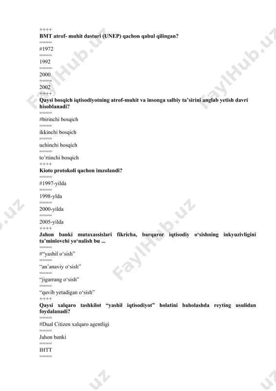 soslashgan xalqaro tashkilot. ==== vakillik demokratiyasi va erkin bozor iqtisodiyoti tamoyillarini tan oladigan rivojlangan mamlakatlarning xalqaro iqtisodiy tashkiloti. ==== yer yuzida tinchlikni mustahkamlash va xavfsizlikni ta’minlash, davlatlarning o‘zaro hamkorligini rivojlantirish maqsadida tashkil etilgan xalqaro tashkilot. ==== rivojlanayotgan mamlakatlarga moliyaviy va texnik yordam ko‘rsatish maqsadida tuzilgan xalqaro moliya tashkiloti. ++++ “yashil iqtisodiyot” ga o‘tish imkoniyatlarini baholash va barqaror “yashil o‘sish”ni ta’minlash darajasini tavsiflovchi ko‘rsatkichlar tizimi - ==== #yashil o‘sish indeksi ==== iqtisodiy o`sish indeksi ==== ijtimoiy o`sish indeksi ==== ekologik o`sish indeksi ++++ “yashil iqtisodiyot”ni baholashda atrof-muhit o‘zgarishi bilan bog‘liq risklarni kamaytirish asosida farovonlikni oshirish va ijtimoiy tenglikka erishishni maqsad qilib qo‘ygan tashkilot - ==== #unep ==== jahon banki ==== ihtt ==== gggi ++++ atrof-muhit bilan bog‘liq muammolarni hal etishda keng qо‘llaniladigan bozor dastaklari “yashil iqtisodiyot”ga о‘tishning qaysi dastagida о‘z ifodasini topgan? ==== #iqtisodiy ==== ma’muriy ==== axborot ==== siyosiy ++++ iqtisodiy subyektlarni “yashil iqtisodiyot”ni shakllantirish bilan bog‘liq ma’lumotlar bilan ta’minlashning …