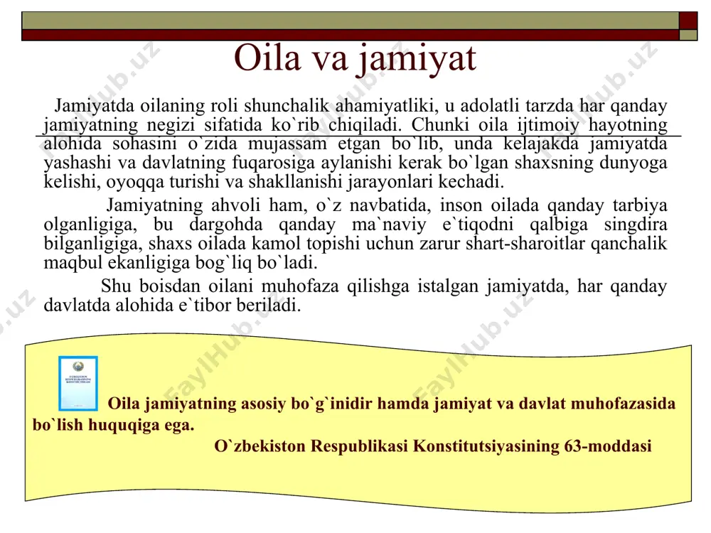 bolalar parvarishi, tarbiyalanishi va ta’lim olishini ta’minlashi; yetim bolalar va ota-ona vasiyligidan mahrum bo‘lgan bolalarga nisbatan xayriya faoliyatini rag‘batlantirish. ota-onalar o‘z farzandlarini voyaga yetgunlariga qadar boqish va tarbiyalashga majburdirlar. o`zbekiston respublikasi konstitutsiyasining 64-moddasi oila muhofazasi davlatda turli qonunlarni qabul qilish, shuningdek, jamoat jamg‘armalari va tashkilotlari tomonidan ma’naviy va moddiy qo‘llab-quvvatlash tariqasida amalga oshiriladi. binobarin, mustaqillik yillarida respublikada “bolalar jamg‘armasi”, “mahalla”, “ekosan”, milliy “qizil yarim oy jamiyati” singari ko‘p bolali va kam ta’minlangan oilalarga, bolalarga, yolg‘iz qariyalarga va hokazolarga imkoni boricha berayotgan jamoat jamg‘armalari tashkil qilindi. o‘zbekiston respublikasi prezidentining farmoniga binoan mamlakatda “sog‘lom avlod uchun” ordeni ta’sis etildi. onalik va bolalikni muhofaza qilishda, sog‘lom avlod kamol topishi uchun moddiy shart-sharoitlar va ma’naviy muhitni ta’minlashda alohida xizmat ko‘satgan shaxslar “sog‘lom avlod uchun” ordeni bilan taqdirlanadilar. nikoh tuzish nikoh tomonlarning ixtiyoriy roziligi va teng huquqliligiga asoslanadi. o`zbekiston respublikasi konstitutsiyasining 63-moddasi nikoh tuzish uchun kuyov va kelinning ixtiyoriy roziligi zarur, shuningdek, ular muayyan yoshga …
