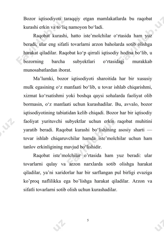 erkin raqobat, monopolistik raqobat, monopoliya va oligopoliyalar raqobatning amal qilishi uchun muayyan shartsharoitlar mavjud boʻlishi shart. bu shart-sharoitlar faqat bozor munosabatlari qaror topgan muhitda boʻlishi mumkin. iqtisodiyotda monopollashuv tamoyillarining kuchayib borishi bilan raqobat cheklanadi. raqobatchilik muhitini vujudga keltirish uchun davlat monopoliyalarga qarshi siyosat olib boradi, iqtisodiyotni monopoliyadan chiqarish boʻyicha chora-tadbirlar koʻradi, monopoliyaga qarshi qonunchiliknn amalga oshiradi. oligopoliya – tarmoqda u qadar ko’p bo’lmagan bir guruh korxonalarning hukmronlik qilishidir. sof raqobat sharoitida bir xil mahsulot ishlab chiqaruvchi tarmoqda juda ko'p sonli korxonalar mavjud bo'ladi. sof monopoliyada tarmoq bitta korxona yoki firmadan iborat bo;lganligi sababli, u mavjud mahsulotning yagona ishlab chiqaruvchisi hisoblanadi. monopolistik raqobat o’z ichiga ham monopoliya ham raqobat usullarini oladi. bunda tarmoqdagi bir turdagi mahsulotning o’nlab ishlab chiqaruvchilari bir- birlari bilan qulay narx hamda ishlab chiqarish hajmiga erishish borasida raqobatlashadilar. monopsoniya – tarmoqdagi ishlab chiqaruvchilar yoki sotuvchilar soni juda ko’p bo’lib, ular tovar yoki xizmatlarning yagona xaridori mavjud bo’lgan sharoitda …