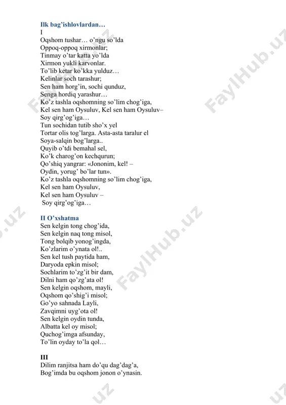da ham, daryoda epkin misol; sochlarim to’zg’it bir dam, dilni ham qo’zg’ata ol! sen kelgin oqshom, mayli, oqshom qo’shig’i misol; go’yo sahnada layli, zavqimni uyg’ota ol! sen kelgin oydin tunda, albatta kel oy misol; quchog’imga afsunday, to’lin oyday to’la qol… iii dilim ranjitsa ham do’qu dag’dag’a, bog’imda bu oqshom jonon o’ynasin. gulday chiroyidan bo’lay sadag’a, ochilib-sochilib, chunon o’ynasin. jo’r bo’lsin bulbullar chalgan torimga, qo’shiqlar kuylayin vafodorimga, suqlanay oysuluv otli yorimga, sho’x ohudan aylab javlon o’ynasin. xipcha belga bog’lab yashil rang kamar, gullar-chechaklardan taqsin gulchambar, tengi kam o’yinchi, tengi kam dilbar, tomoshaga kelib, osmon o’ynasin. tovusday tovlangin, ey qoshi kamon, visol chamanida bo’laylik omon; ayriliq g’ussasi o’limdan yomon… qolmayin zarracha armon o’ynasin. iv qo’shiqlar to’qisam – no’noq bo’lmasa, sendan o’zga dilga qo’noq bo’lmasa! kuylasam tunu kun suluvlaringni, kuylash mumkinmi dil qaynoq bo’lmasa? ko’nglim o’ksinadi, ko’nglim sinadi ko’nglim bilan ko’ngling inoq bo’lmasa! ko’nglim o’ksinadi uchrashganimda oysuluvjon sho’xu quvnoq bo’lmasa! sening har maqoming… …