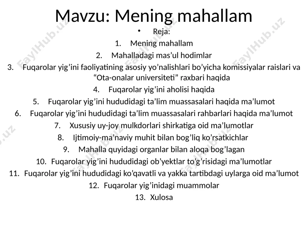 oilaviy biznesni rivojlantirish masalalari bo’yicha komissiya raisi: maqsudov sanjar ekologiya va atrof muhitni muhofaza qilish, obodonlashtirish va ko’kalamzorlashtirish bo’yicha komissiya raisi: axrorov ravshan jamoatchlik nazorati va iste’molchilarning huquqlarini himoya qilish bo’yicha komissiya raisi: muhamedjonov lutfulla “ota-onalar universiteti” raxbari: tursunaliyev yusuf fuqarolar yig’ini aholisi haqida xonadonlar soni – 1455ta oilalar soni – 1965ta shundan yosh oilalar – 281ta axoli soni – 5655ta erkaklar – 2477ta ayollar – 3178ta voyaga yetmaganlar soni – 1133ta shundan: 0-2 yoshgacha 120ta 3-7 yoshgacha 271ta 8-18 yoshgacha 742ta 19-30 yoshgacha 974ta 31-45 yoshgacha 2100 45-60 yoshgacha 978 60 yoshdan yuqori 470 boquvchisini yo’qotgan oilalar soni- 21ta yakka yolg’iz keksalar soni- 3ta nogironlar soni- 58ta urush faxriylari soni- 0 nafaqaxorlar soni- 560ta 100 yoshdan oshganlar soni-0 tadbirkorlik bilan band bo’lgan aholi soni-730 shundan: savdo sotiq bilan shug’ullanuvchi aholi soni- 584ta kasanachilik bilan band bo’lgan aholi soni-2 milliy hunarmandchilik bilan shug’ullanuvchi aholi soni- 0 chorvachilik, parandachilik va asalarichilik …