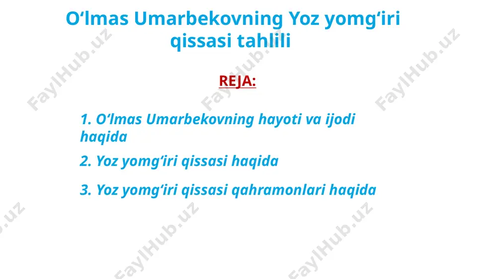 anadi. ana shu sirli jinoyat sabablarini ochish, fojia manbalarini oʻrganish qissaga qiziqishni uygʻotadi 5 asarda jinoyat ishini ochish jarayonidagi izlanishlar, militsiya xodimlari va izquvarlar olib borgan mashaqqatli qidiruvlar juda ishonarli va qiziqarli qilib tasvirlangan. asar soʻngida jinoyatchilarning asl basharalari oʻta mohirlik bilan ochib beriladi. qissa qahramonlarining ruhiyati, ularning ichki kechinmalari yozuvchi niyatini amalga oshirish uchun xizmat qiladi. asar qahramonlaridan biri rahim saidov oʻta mushkul ahvolda qolgan. uning sevimli yostiqdoshi, suyangan togʻi, nahot oʻzga bilan boʻlgan? odamga, ayniqsa, erkak kishiga bundan ogʻir kulfat yoʻq, uning or-nomusi bir pul endi. qissada mana shunday inson ruhiyati bilan bogʻliq tasvirlar lavhalar, ogʻriqli holatni ochib berishlar nihoyatda taʼsirchan chiqqan. bu parchalarni kitobxon beeʼtibor va loqayd oʻqiy olmaydi. adib, hatto rahim ich-ichidan kuyib-yonayotganligini uning oppoq qogʻozga “taq” etib koʻzyoshi tomganini shunday jonli tasvirlangan. yoz yomgʻiri qissasidagi qahramonlar rahim saidov --asarning bosh qahramonlaridan biri boʻlib ,munis saidovaning eri ,oʻsimliklar eksperimental biogiyasi ilmiy-tekshirish instituti katta xodimi ,kimyo fanlari …