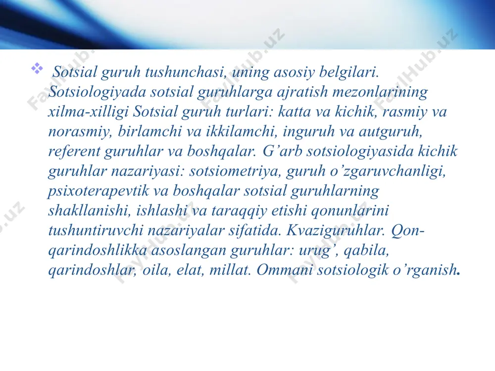 iy fanlar orasida ikkita ma’noga ega. bir tomondan, u biror bir umumiy belgilarga qarab kishilarni ma’lum toifalarga ajratilganda qo’llaniladi (ko’pincha statistikada, demografiyada). ba’zan bu ma’noda «guruh» termini psixologiya fanida ham ishlatiladi. masalan, test sinovlari natijalariga qarab, kishilarni u yoki bu guruhlarga ajratish mumkin. ikkinchi tomondan, hamma ijtimoiy fanlar doirasida guruh deganda, real mavjud kishilar birligi tushuniladi. bu holatda odamlar umumiy belgilar, faoliyatlarining xilma-xilligi yoki biror shart, holatlar bilan birlashadilar va ma’lum ma’noda o’zlarini mavjud birlik vakili ekanliklarini his qiladilar. masalan, talaba o’zini talabalar guruhining a’zosi sifatida his qiladi. sotsiologiyada sotsial guruhlarga ajratish mezonlarining xilma-xilligi. ilmiy adabiyot bilan tanishish «sotsial guruh» terminini, birinchidan, juda keng qo’llanilayotganligini, ikkinchidan turli hodisalarga nisbatan ishlatilayotganligini ko’rsatayapti, qaysi nuqtai nazar qarashlaridan qat’iy nazar, konkret ijtimoiy fan vakillari guruhlarni sotsial-iqtisodiy, sotsial-demografik, sotsial-psixologik va boshqa guruhlarga ajratadilar. guruhga xos harakterli xususiyatlar quyidagilar: guruh soni, ichki tashkilot, ya’ni institutlar, nazorat shakllari; faoliyat namunalari; norma va qadriyatlar; farq qiladigan xususiyatlari. …
