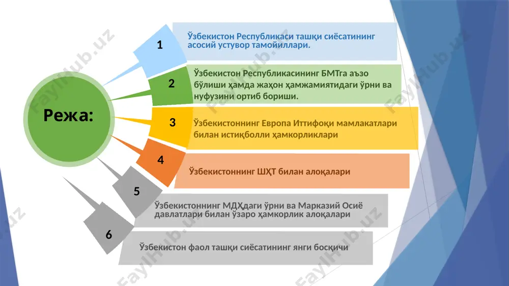 қи сиёсат соҳасидаги саъй-ҳаракатларининг асосий мақсади: давлат мустақиллигини мустаҳкамлашдан, мамлакатнинг халқаро жабҳада миллий маанфаатларини илгари суришдан, ўзбекистон фуқоролари ва юридик шаҳсларнинг ҳақ-хуқуқларини ҳимоя қилишдан, ташқи иқтисодий ҳакорликни кенгайтиришдан, ўзбекистон теварагида хавфсизлик, барқарорлик ва яхши қўшничилик маконини яратишдан иборатдир. 1 режа: ўзбекистон республикаси ташқи сиёсатининг асосий устувор тамойиллари. ўзбекистон ташқий сиесатининг асосий принциплари: ўзбекистон ўзининг яқин қўшнилари билан муносабатларда очиқ, дўстона ва прагматик сиёсат юритиш тарафдори бўлиб қолади. марказий осиё муаммолари халқаро ҳуқуқ нормалари асосида ташқи кучларнинг аралашувисиз ечилмоғи зарур. нуфузли халқаро ташкилотлар доирасида ҳамкорлик ўзбекистон ташқи сиёсатининг муҳим йўналишларидандир. бмт ва унинг иҳтисослашган муссасалари, ислом конференцияси ташкилоти, ехҳт, мдҳ (ўзбекистон жорий йил мдҳ давлатларида раислик қилмоқда), шҳт (узбекистон вакили биринчи марта ушбу ташкилотининг бош котиби этиб тайинланди), туркий тилли давлатлар кенгаши доирасида ҳамкорлик изчил амалга оширлилмоқда. 2 режа: ўзбекистон республикасининг бмтга аъзо бўлиши ҳамда жаҳон ҳамжамиятидаги ўрни ва нуфузини ортиб бориши. 1992 йил 2 мартда ўзбекистон халқаро муносабатларнинг тўла ҳуқуқли …