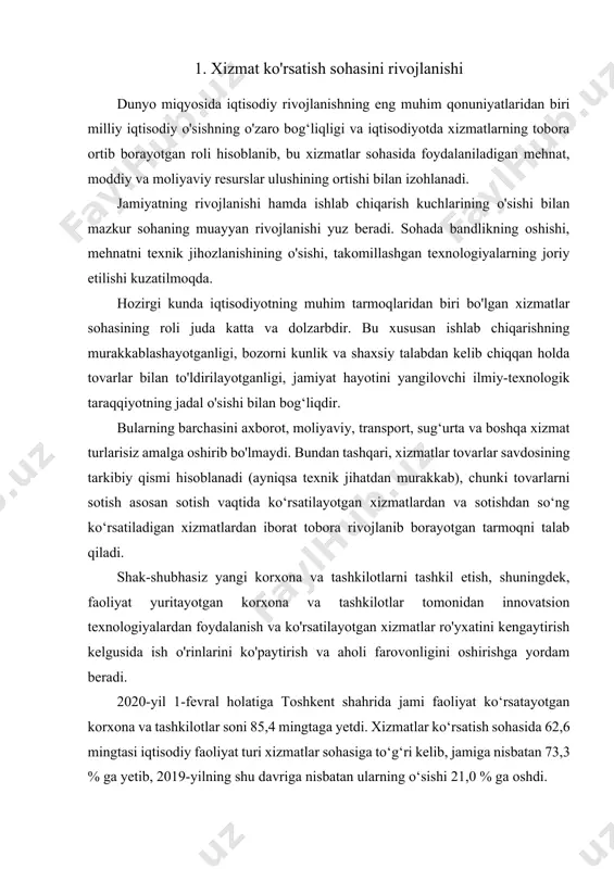 beradi. 2020-yil 1-fevral holatiga toshkent shahrida jami faoliyat ko‘rsatayotgan korxona va tashkilotlar soni 85,4 mingtaga yetdi. xizmatlar ko‘rsatish sohasida 62,6 mingtasi iqtisodiy faoliyat turi xizmatlar sohasiga to‘g‘ri kelib, jamiga nisbatan 73,3 % ga yetib, 2019-yilning shu davriga nisbatan ularning o‘sishi 21,0 % ga oshdi. 2020-yil 1-fevral holatiga faoliyat ko‘rsatayotgan korxona va tashkilotlarning tarkibi, % (fermer va dehqon xo‘jaliklaridan tashqari) 2020-yil 1-fevral holatiga, xizmatlar ko‘rsatish sohasida faoliyat ko‘rsatayotgan korxona va tashkilotlar tarkibida savdo xizmatlari bilan shug‘ullanuvchi korxona va tashkilotlar (34,7 %) yuqori ulushni egallaydi. yashash va ovqatlanish bo‘yicha xizmatlarni ko'rsatuvchi faoliyat ko‘rsatayotgan korxona va tashkilotlarning soni 9,8 % ni tashkil etdi. tashish va saqlash faoliyati bilan shug‘ullanuvchi xizmatlar sohasiga tegishli faoliyat ko‘rsatayotgan korxona va tashkilotlarning ulushi umumiy sonida 5,5 % ga yetdi. axborot faoliyati bilan shug‘ullanuvchi va aloqa xizmatlarini ko'rsatuvchi faoliyat ko‘rsatayotgan korxona va tashkilotlarning ulushi 5,2% ga teng bo‘ldi. sog‘liqni saqlash hamda ijtimoiy xizmatlar sohasida faoliyat ko‘rsatayotgan korxona va tashkilotlarning …