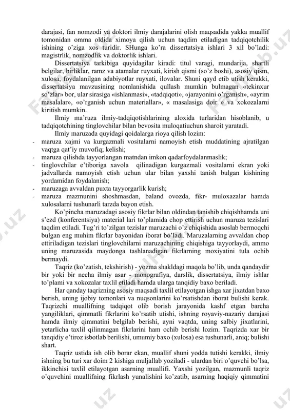 bu muammolarni xal etish uchun qullagan usullarning tanqidiy baxosi bulishi lozim. chet el mualliflarining asarlari buyicha referat tayyorlashda ular amalga oshirgan tadqiqot moxiyatining metodologik jixatdan talqin etilishiga aloxida ahamiyat berish kerak. ilmiy obzor nixoyasida ishga qisqagina yakun yasalib, unda foydalanilgan barcha adabiy manbalarning ruyxati beriladi. ilmiy s’ezdlarning ishi to’g’risidagi hisobat o’z moxiyatiga ko’ra shaxsiy ko’zatuvlar, taassurotlar, shuningdek, tinglangan ma’ruzalar (ilmiy xabarlar) hamda chop ettirilgan materiallar mazmunini baxolash asosida to’zilgan ilmiy obzorlar hisoblanadi. bunday hisobatlar to’zilishi jixatidan turli-tuman bulishi mumkin, ammo xar xdpda ular s’ezdga (kongress, konferentsiyaga), ularning tashkil etilishi va ishtirokchilari tarkibiga umumiy tavsifni o’z ichiga olishi lozim. s’ezdning ish mazmunini uning dasturiga kiritilgan aloxida muammolar buyicha bayon qilish maqsadga muvofiqdir. har bir muammoni yoritishda eng qiziqarli, baxsli, faol muxokama qilinadiganva, ayniqsa, s’ezd chiqargan qarorlarda o’z aksini topadigan masalalarga diqqatni jalb etish kerak. hisobotda dastur buyicha qilingan eng muhim maruzalarni va, umuman, s’ezd ishini tanqidiy taxlil etish zarur. hisobotsungida s’ezd …