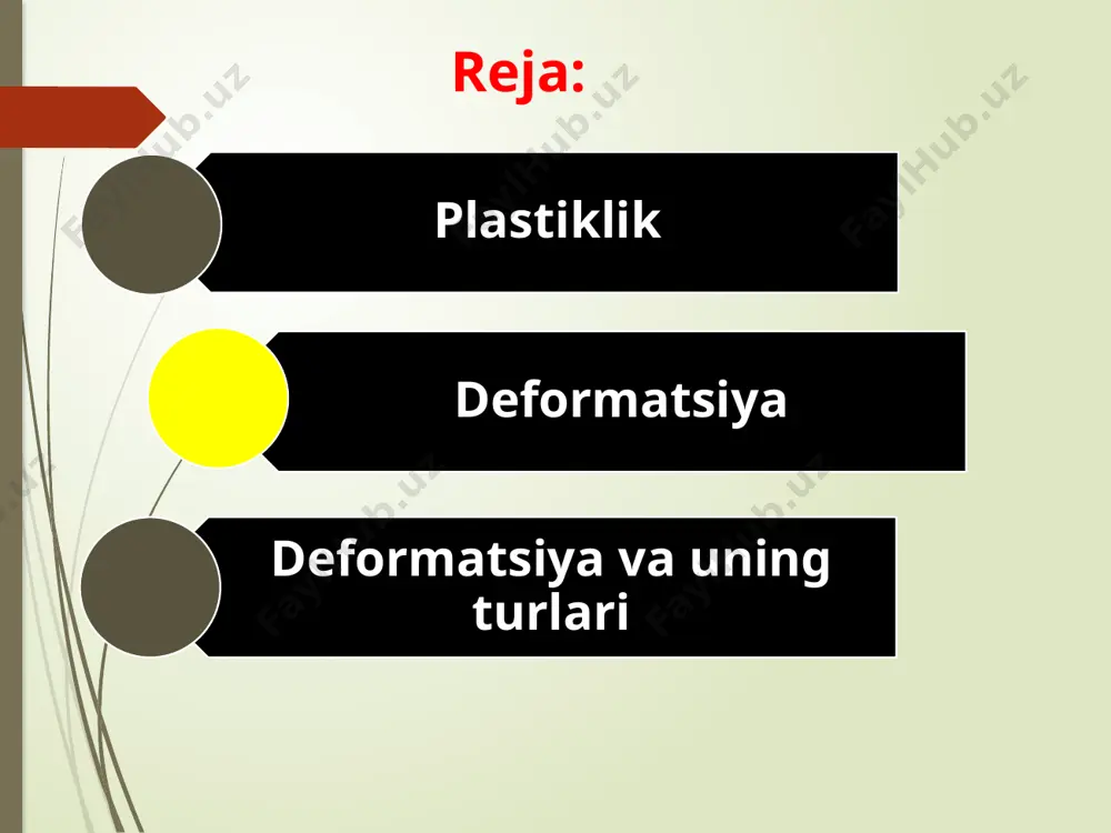 kuch taʼsiri toʻxtagandan keyin deformatsiya yoʻqolsa (jism oʻz holiga qaytsa) elastik deformatsiya, saqlansa (jism oʻz holiga qaytmasa) plastik deformatsiya yuz beradi. elastiklik va plastiklik nazariyasida qattiq jism deformatsiyasiga oid harakat va kuchlanish oʻrganiladi. elastik deformatsiyalanuvchi qattiq jism yoʻq, har qanday qattiq jism tashqi kuch taʼsirida plastik deformatsiyalanadi. plastik deformatsiya temperatura, tashki kuch va deformatsiya tezligiga bogʻliq. tashki kuch maʼlum vaqt davomida bir xil taʼsir qilib tursa, deformatsiya vaqt oʻtgan sari oʻzgara boradi; bu hodisaga yoyiluvchanlik deyiladi. temperatura koʻtarilishi bilan yoyiluvchanlik ortadi. tashki kuch ortib borgandagi deformatsiya aktiv (faol), tashki kuch kamayib borgandagi deformatsiya passiv (sust) deformatsiya deyiladi. deformatsiyaning choʻzilish, siqilish, egilish, buralish xillari mavjud. mutlaq deformatsiyaning jism boshlangʻich oʻlchami (shakli)ga nisbati nisbiy deformatsiya deyiladi. deformatsiyaqonunlari materiallar qarshiligi, puxtaligi, inshootlar mustahkamligi va h.k.ni hisoblashda tatbiq qilinadi. siqilish va siqilish deformatsiyalari. agar bir uchida mahkamlangan bir xil tayoqqa kuch qo'llanilsa f uning o'qi bo'ylab novdadan uzoqda joylashgan bo'lsa, u deformatsiyaga uchraydi bukilishlar. …