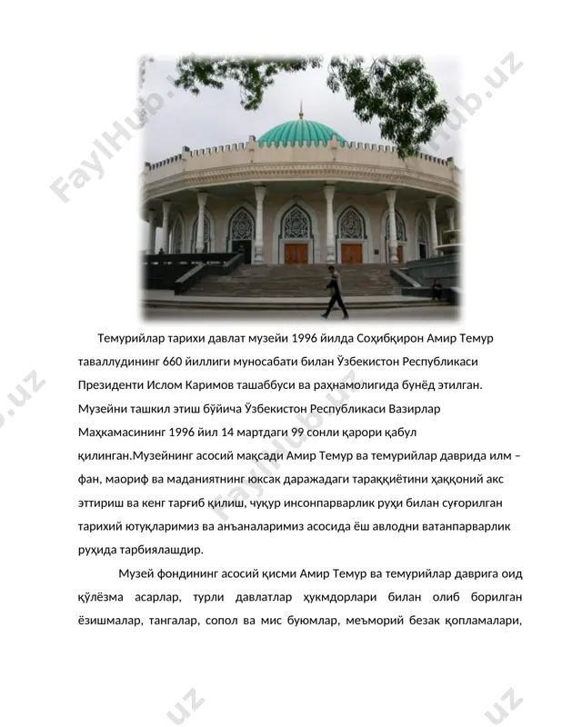 ламчи ишловдан ўтказиш, уларни илмий тавсифларини амалга ошириш ва каталог сифатида нашр қилдириб уларни экспозицияда намойиш қилиш ва илмий муомалага киритиш ишларига алоҳида эътибор берилмоқда. ўзбекистон олимпия шон-шуҳрати музейи тошкент шаҳридаги ўзбекистон олимпия шон-шуҳрати музейи 1996-йилнинг 2-центабридан бошлаб фаолият юритиб келади. узоқдан қуёшнинг заррин нурларига бурканган маҳобатли иншоот атрофи турли-туман манзарали дарахтлар билан ўралган. секин-аста у томон юриб борарканман, оқаётган сувнинг мафтуннаво оҳангию, бетакрор меъморий эчим, замонавийлик ва миллийлик руҳи сингдирилган гўзал архитектура намунаси бўлган бино ақлимни шоширди. бу иншоот ўзбекистон олимпия шон-шуҳрати музейидир. дарҳақиқат, музей қимматбаҳо экспонатлари, бетакрорлиги ҳамда сўлим жойда жойлашганлиги билан ажралиб туради. халқаро спорт ташкилотларининг ёрлиқлари, спортчиларимизнинг олимпия ўйинлари ва нуфузли мусобақаларда қўлга киритган кубоклари, медаллари, эсдалик совғалари ҳамда сидней, афина, пекин олимпиадалари машъалалари каби экспонатлар жой олган. “qatag’on qurbonlari xotirasi” muzeyi ўзбекистон мустақил республика деб эълон қилингандан кейин мамлакатда президент и.а.каримов раҳбарлигида амалга оширилган хайрли ишлардан бири чор ва совет мустамлакачилиги йилларида бегуноҳ қурбон бўлган, …