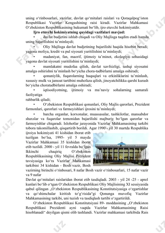 ilish, uning ishini tashkil etish vazifasi yuklandi. o‘zbekistonda davlat ijroiya hokimiyatini takomillashtirishda o‘zbekiston respublikasining konstitutsiyasi muhim omil bo‘ldi. konstitutsiyaning 98-moddasiga muvofiq vazirlar mahkamasining tarkibi o‘zbekiston respublikasining prezidenti tomonidan shakllantiriladi. o‘zbekiston respublikasi bosh vaziri nomzodi prezident taklifiga binoan o‘zbekiston respublikasi oliy majlisining palatalari tomonidan ko‘rib chiqiladi va tasdiqlanadi. vazirlar mahkamasi a’zolari tarkibiga bosh vazir, uning o‘rinbosarlari, vazirlar, davlat qo‘mitalari raislari va qoraqalpog‘iston respublikasi vazirlar kengashining raisi kiradi. vazirlar mahkamasi o‘zbekiston respublikasining hukumati bo‘lib, ijro etuvchi hokimiyatdir. ijro etuvchi hokimiyatning quyidagi vazifalari mavjud: · davlat budjetini ishlab chiqadi va oliy majlisga taqdim etadi hamda uning bajarilishini ta’minlaydi; · oliy majlisga davlat budjetining bajarilishi haqida hisobot beradi; yagona moliya, kredit va pul siyosati yuritilishini ta’minlaydi; · madaniyat, fan, maorif, ijtimoiy ta’minot, ekologiya sohasidagi yagona davlat siyosati yuritilishini ta’minlaydi; · mamlakatni mudofaa qilish, davlat xavfsizligi, tashqi siyosatni amalga oshirishni ta’minlash bo‘yicha chora-tadbirlarni amalga oshiradi; · qonuniylik, fuqarolarning huquqlari va erkinliklarini ta’minlash, xususiy mulk va …
