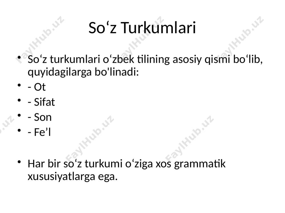 zariy qism: • otlarga misol: kim? nima? savollariga javob beruvchi so‘zlar. (misol: bola, kitob) • sifatlar: qanday? qanaqa? savollariga javob beruvchi so‘zlar. (misol: chiroyli, katta) • sonlar: qancha? nechanchi? savollariga javob beradi. (misol: besh, ikkinchi) • feʼl: harakatni bildiruvchi so‘zlar. (misol: yugurmoq, o‘qimoq) 2. amaliy mashq: • ko‘rgazma sifatida jadval va misollar keltirish: so‘z turkumi savollar misollar ot kim? nima? bola, kitob, qush sifat qanday? go‘zal, baland son qancha? besh, yetmish fe’l nima qildi? o‘qidi, yugurdi 3. interaktiv faoliyat: • slayd orqali rasmlarni ko‘rsatib, o‘quvchilardan rasmdagi so‘zlarni turkumlarga ajratishni so‘rash. (masalan: kitob – ot, chiroyli – sifat). yakuniy qism (15 daqiqa) • qiziqarli test yoki krossvord: har bir so‘z turkumiga oid qisqa testlar berish. • masalan: “chiroyli” so‘zi qaysi so‘z turkumiga mansub? • mustahkamlash: o‘quvchilardan so‘z turkumlariga oid yangi misollar keltirishni so‘rash. 4. qoʻllaniladigan metodlar: • interfaol metodlar (savol-javob, klaster usuli). • guruhli faoliyat (so‘zlarni turkumlarga ajratish). • vizual metodlar …
