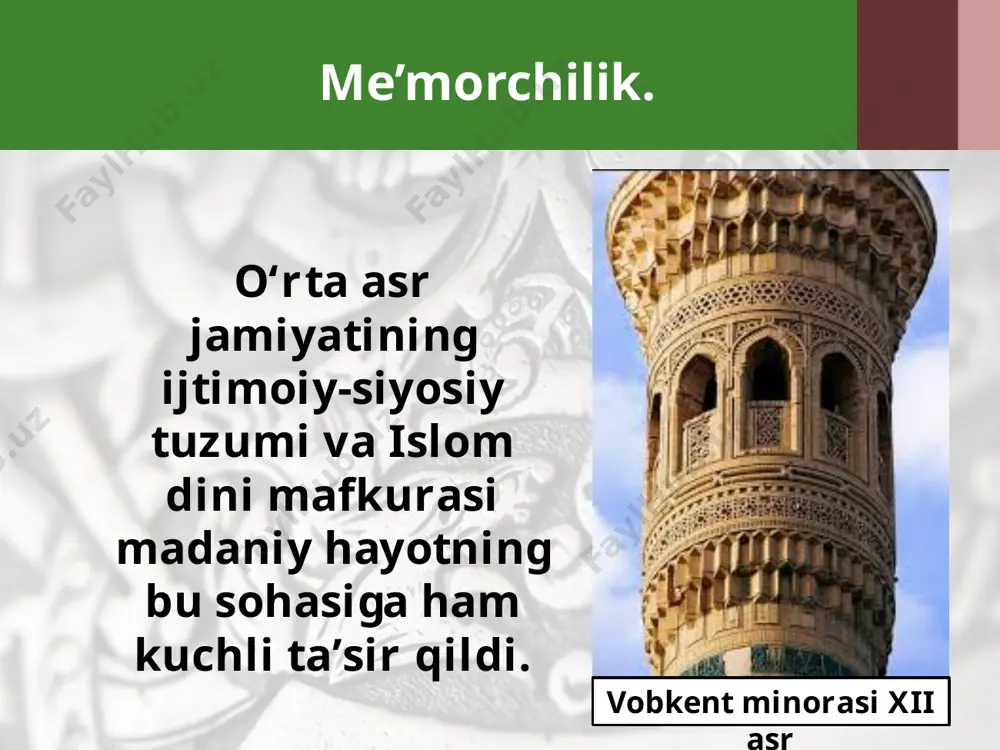 hshoq”, “zerafkanda” “buzruk”, “sipohon”, “navo”, “basta”, “tarona” kabi yangi-yangi kuylar ijod etilgan. savol va topshiriqlar: 1. ix–xii asrlardagi me’morchilik namunalari haqida so‘zlab bering. ular haqida qo‘shimcha adabiyotlardan ma’lumotlar to‘plang. 2. naqqoshlik, o‘ymakorlik va xattotlik san’ati qay tariqa rivoj topdi? 3. “shashmaqom” nima? image2.jpg image3.jpg image4.jpeg image5.jpg image6.emf image7.jpeg image8.jpeg image9.jpeg image10.jpeg image11.jpeg image12.jpeg image13.jpg image14.jpeg image15.jpeg image16.jpg image17.jpeg image1.jpg