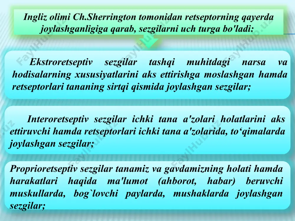 zgilarga quyidagilar kiradi: og`riq sezgilari; chanqoq sezgilari; nohush tuyg`ular; ochlikni sezish. sezgilarning xususiyatlari quyidagilardan iborat: sifat – mazkur sezgining asosiy xususiyati bo'lib, uni boshqa sezgi turlaridan farqlaydi va ayni shu sezgi turi doirasida o'zgarib turadi. sezgining jadalligi uning miqdorini ifoda etadigan hususiyat bo'lib, ta'sir kelayotgan qo`zg`atuvchining kuchi va retseptorning funksional holati bilan belgilanadi. sezgining davomiyligi uning vaqtinchalik xususiyati hisoblanadi. bilinar – bilinmas sezgi hosil qiluvchi qo`zg`tuvchining minimal kuchi sezgirlikning quyi chegarasi deyiladi. sezgi chegarasining me'yori qanchalik kichik bo'lsa, mazkur analizatorning sezgirligi shunchalik yuksak bo'ladi. formulasi е= — 1 p1 е – sezgirlik r-qo'zg’atuvchining ta'sir me'yori. sezgining mutlaqo yuqori sezuvchanligi deb qo'zg’atuvchining kuch bilan ta'sir qilishiga aytiladi. sezgilar o'rtasidagi bilanar – bilinmas farqni hosil qiluvchi ikkita qo'zg’atuvchi o'rtasida mavjud bo'lgan minimal farq ajratish chegarasi yoki ayirma chegarasi deb ataladi. farqlanishning aksariyat analizatorlari uchun doimiy bo'lgan nisbiy o'lchash bilan belgilanadi. ko'rish analizatori uchun bu nisbat tahminan eshitish analizatori uchun bu nisbat tahminan …