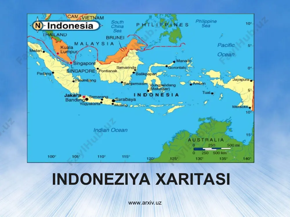 turadi. mamlakatda aholining 87 foizi islom diniga, 6 foizi protestant, 3 foizi katolik, 3 foizi buddizm diniga e'tiqod qiladi. davlat-tili indonez tili hisoblanadi. indoneziyada 150 dan ortiq elatlar yashaydi, ular orasida eng ko'p sonlilari-yavaliklar, sundlar, madurliklar, 3 mln dan ko'proq xitoylar yashaydi. www.arxiv.uz www.arxiv.uz indoneziya aholisi www.arxiv.uz www.arxiv.uz 4. davlat tuzumi xiv asrda hindiston va malakkadan indoneziyaga islom dini kirib keldi. xvi asrdan majapaxit imperiyasi musulmon sultonliklarga bo'linib ketgach, indoneziya hududiga yevropaliklar (portugallar, gollandlar) kirib kela boshladi. 1602 yilda gollandlar indoneziyada ost-indiya kompaniyasiga asos soldi. 1811 yili indoneziyani inglizlar bosib oldi. 1814 yilgi angliya-niderlandiya bitimiga ko'ra indoneziya niderlandiya qo'liga o'tdi. www.arxiv.uz www.arxiv.uz www.arxiv.uz www.arxiv.uz 1942-1945 yillarda indoneziya yaponiya bosib oldi. yaponiya ii jahon urushida mag'lubiyatga uchragach, mamlakat mustaqil indoneziya respublikasi deb e'lon qilindi. (1945 yil 17 avgust). 1945 yil 6 sentabrda indoneziyaga ingliz, keyinroq golland qo'shinlari bostirib kirdi. 1949 yil noyabrda gollandiya indoneziya mustaqilligini tan olishga majbur bo'ldi. biroq indoneziya …