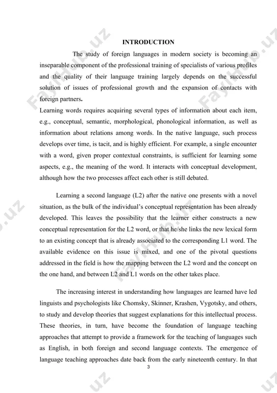 ices of wealthy people. then, it was learned due to the necessity of survival in wartime and as an academic requirement. times changed and language learning passed from being a privilege, survival mechanism, or an academic requirement for some people to become a practice for any person who wanted to learn a second/foreign language. decree of the president of the republic of uzbekistan dated february 7, 2017 no. pp-4947 “on the strategy for the further development of the republic of uzbekistan”, dated april 20, 2017 no. pp-2909 “on measures to further improve the system of higher education” resolution of the cabinet of ministers of the republic of uzbekistan dated august 8, 2017 no. pf-4958 “on measures to further improve postgraduate education” dated february 16, 2017. this master's thesis to a certain extent contributes to the implementation of the tasks set out in the resolution “on measures to further improve the …