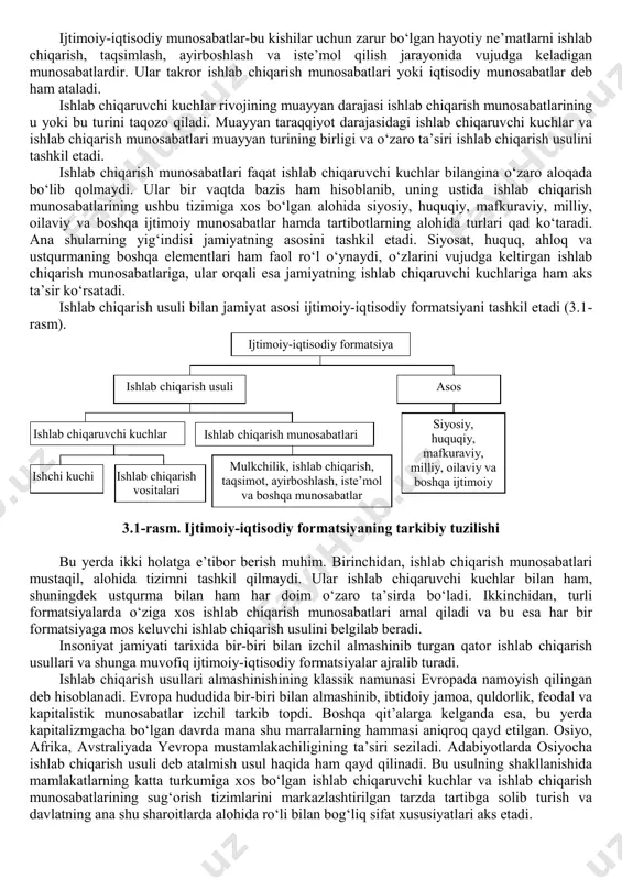 lab chiqarish usuli ishlab chiqaruvchi kuchlar va ishlab chiqarish iqtisodiy munosabatlarining birligidan iborat. ishlab chiqarishning shaxsiy va moddiy omillari, ya’ni ishchi kuchi bilan ishlab chiqarish vositalari birgalikda jamiyatning ishlab chiqaruvchi kuchlarini tashkil qiladi. boshqacha aytganda, ishlab chiqaruvchi kuchlar-bu ijtimoiy ishlab chiqarish jarayonida kishilar bilan tabiat o‘rtasidagi bog‘lanishni amalga oshiruvchi shaxsiy va texnik-buyumlashgan elementlar tizimidan iborat. ishlab chiqaruvchi kuchlarning rivojlanish darajasi ijtimoiy taraqqiyotning eng muhim mezoni va umumiy ko‘rsatkichidir. odamlar ishlab chiqarish jarayonida faqat tabiat ashyolari va boshqa moddiy ashyolar bilan emas, shu bilan birga o‘zaro bir-biri bilan ham munosabatlarda bo‘ladilar, ya’ni ishlab chiqarish munosabatlariga kirishadilar. bunda ishlab chiqarishda tarkib topadigan tashkiliy- iqtisodiy va ijtimoiy-iqtisodiy munosabatlar bir-biridan farq qiladi. tashkiliy-iqtisodiy munosabatlar ishlab chiqarishni tashkil qilish jarayonida vujudga keladi. mazkur munosabatlar kishilar o‘rtasidagi aloqalar sifatida namoyon bo‘lib, shu bilan birga ishlab chiqarish holatini bevosita tavsiflaydi, ishlab chiqaruvchi kuchlar taraqqiyoti muayyan bosqichlarining xususiyatlarini va ularning ijtimoiy uyg‘unlashuvini aks ettiradi. bu masalan, mehnat taqsimoti, …