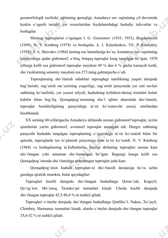sida asosan gidromorf tuproqlar, ayrim qismlarida yarim gidromorf, avtomorf tuproqlar tarqalgan edi. dengiz sathining pasayishi hududda tarqalgan tuproqlarning o`zgarishiga ta`sir ko`rsatish bilan bir qatorda, tuproqlarda tuz to`planish jarayoniga ham ta`sir ko`rsatdi. n. v. kimberg (1964) va boshqalarning ta`kidlashicha, hozirgi deltaning tuproqlari asosan kam sho`rlangan yoki umuman sho`rlanmagan bo`lgan. bugungi kunga kelib esa qoraqalpog`istonda sho`rlanishga uchramagan tuproqlar juda kam. qoraqalpog`iston hududi tuproqlari-ni sho`rlanish darajasiga ko`ra uchta guruhga ajratish mumkin, bular quyidagilar: tuproqlari kuchli darajada sho`rlangan hududlarga qorao`zak, kegeyli, qo`ng`irot, mo`ynoq, taxtako`pir tumanlari kiradi. ularda kuchli darajada sho`rlangan tuproqlar 42,5-86,6 % ni tashkil qiladi. tuproqlari o`rtacha darajada sho`rlangan hududlarga qonliko`l, nukus, xo`jayli, chimboy, shumanay tumanlari kiradi, ularda o`rtacha darajada sho`rlangan tuproqlar 35,6-52 % ni tashkil qiladi. tuproqlari kuchsiz darajada sho`rlangan hududlarga amudaryo, beruniy, to`rtko`l, ellikqal`a tumanlari kiradi. bularda kuchsiz darajada sho`rlangan tuproqlar 36,6-68,5 % ni tashkil qiladi. qoraqalpog`iston yaylovlar maydonining kattaligi jixatidan respublikamizda oldingi o`rinda turadi. lekin, yaylovlardan foydalanish hududning tabiiy-geografik sharoitidin …