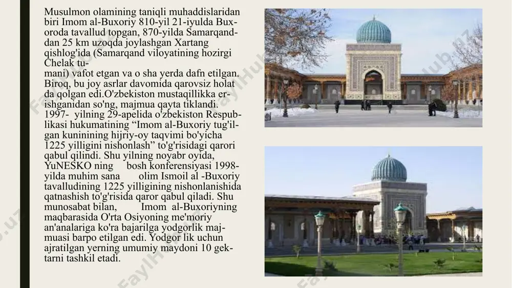 shda loyihalashtirish ishlari ham davom etmoqda. to'rt burchida to'rtta baland minorasi bor muazzam ko'rinishdagi masjid binosi bunyod etiladi, unda bir paytning o'zida 9200 nafar namozxon ibodat qilishi mumkin. e'tiboringiz uchun rahmat!!! image1.jpeg image2.jpeg image3.jpeg image4.jpeg image5.jpeg image6.jpeg image7.jpeg image8.jpeg image9.jpeg