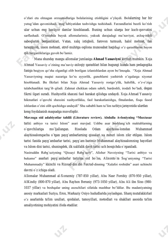 aratib, takomillashtirib, yoshlarni insonparvarlik, ilmparvarlik, mehr-oqibat, mehnatsevarlik, insonlarga va tabiatga do’stlik, sahiylik kabi umuminsoniy fazilatlar ruhida tarbiyalab kelishgan. darhaqiqat, ajdodlarimiz tomonidan qoldirilgan bebaho madaniy meros milliy ma’naviyatimizning o’zagini tashkil etadi. shu sababli undan bugun yoshlarimizning ta’lim va tarbiyasiga keng foydalanish maqsadga muvofiqdir. chunki, “ajdodlarimizdan qolgan meros millatimizning nafaqat o’tmishi, shuningdek, istiqboli uchun ham kuch va fidoiylik manbai hisoblanadi”. har bir xalqning ta’lim-tarbiyaga oid an’analari borki, ular pedagogik tafikkur taraqqiyotining asosi bo’lib xizmat qiladi va bola tarbiyasi haqidagi tasavvurlar va qarashlarni ifodalaydi. yuqorida aytganimizdek, har bir ota ona o’z farzandlarini barkamol inson bo’lishini istaydi, o’zlari eta olmagan orzuumidlariga bolalarining etishligini o’ylaydi. bolalarning har bir yutug’idan quvonishadi, mag’lubiyatidan tashvishga tushishadi. farzandlarini baxtli ko’rish ular uchun eng baxtiyor damlar hisoblanadi. buning uchun ularga bor kuch-quvvatini sarflashadi. o’tmishda buyuk allomalarimiz, yuksak darajadagi ma’naviyat, axloq-odob saboqlarini berganliklari, vatan, xalq istiqboli, farovon turmush, halol mehnat, fan taraqqiyoti, inson mehnati, atrof-muhitga oqilona munosabat haqidagi o’z qarashlarini bayon …