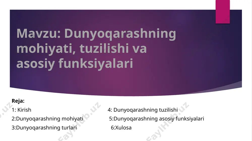 mlardan iborat: dunyoqarashning tuzilishi a) bilimlar tizimi insonning dunyo haqidagi umumiy tushunchalari va nazariy qarashlari. bu bilimlar hayotiy, diniy, ilmiy yoki falsafiy manbalarga asoslangan bo‘lishi mumkin. b) e’tiqod ishonch, qat’iy ishonishdan kelib chiqadigan ruhiy-psixologik holat. e’tiqod odamning maqsadlariga intilishida kuchli motivator bo‘lib xizmat qiladi. dunyoqarashning tuzilishi c) qarashlar insonning o‘ziga xos subyektiv baholari, shaxsiy munosabati. qarashlar orqali inson jamiyatda o‘z pozitsiyasini ifodalaydi. d) ideallar shaxsning orzu-umidlari, kelajakdagi mukammallikka intilishi. ideallar — bu maqsadlarni belgilovchi ma’naviy yo‘l-yo‘riqdir. e) qadriyatlar haqiqat, erkinlik, adolat, tinchlik kabi insoniyat tomonidan e’tirof etilgan muhim tushunchalar. qadriyatlar inson axloqiy mezonlarini shakllantiradi. asosiy qism 4. dunyoqarashning asosiy funksiyalari dunyoqarashning asosiy funksiyalari a) bilish funksiyasi dunyoqarash insonga dunyoni anglash, borliqni tushunishga yordam beradi. bilimlar orqali inson o‘zining o‘rnini aniqlaydi. b) baholash funksiyasi inson har qanday hodisa yoki holatga nisbatan baho beradi. bu baholar dunyoqarashga asoslanadi. dunyoqarashning asosiy funksiyalari c) yo‘naltiruvchi funksiyasi shaxsning harakatlari, maqsadlari va hayot yo‘nalishini belgilovchi asos. …