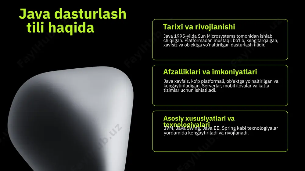 dasturlash tili amaliy dasturlashda keng qo'llaniladi, chunki u platforma mustaqil va keng imkoniyatlar taqdim etadi. java yordamida veb ilovalar, mobil ilovalar, ma'lumotlar bazasi bilan integratsiya va korporativ tizimlar ishlab chiqiladi. dasturlash jarayonida java ning roli muhim. u kodning strukturasi, ob'ekt-oriented yondashuv va xavfsizlik imkoniyatlari bilan dasturchilarga samarali va xavfsiz dasturlar yaratish imkonini beradi. java dasturlash jarayonini soddalashtiradi va uni ko'p platformada ishlash imkonini beradi. amaliy dasturlashda java dan foydalanishning afzalliklari orasida uning keng qo'llanilishi, kuchli kutubxonalar va ramkalar, xavfsizlik va barqarorlik, shuningdek, yuksak ishlab chiqarish samaradorligi mavjud. bu xususiyatlar java ni zamonaviy dasturlashda muhim vositaga aylantiradi. java dasturlashda kutubxonalar java kutubxonalari — dasturlash jarayonida foydalaniladigan oldindan yozilgan funksiyalar va modullar to‘plamidir. ular dasturchilarga kod yozishni soddalashtiradi va tezlashtiradi. mashhur java kutubxonalari orasida apache commons va google guava mavjud. bu kutubxonalar fayl boshqaruvi, matn manipulyatsiyasi va ma'lumotlar strukturalari kabi funksiyalarni taqdim etadi. kutubxonalar yordamida dasturlash jarayonini soddalashtirish mumkin. ular kodni qayta …