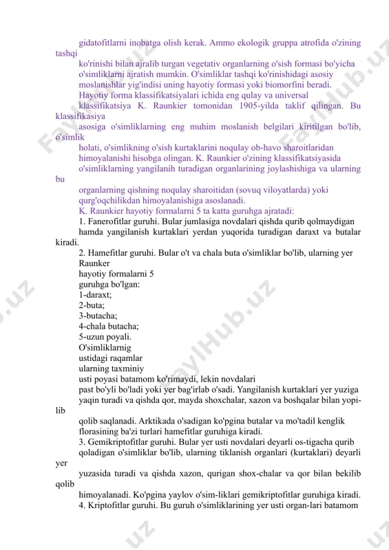 q viloyatlarda) yoki qurg'oqchilikdan himoyalanishiga asoslanadi. k. raunkier hayotiy formalarni 5 ta katta guruhga ajratadi: 1. fanerofitlar guruhi. bular jumlasiga novdalari qishda qurib qolmaydigan hamda yangilanish kurtaklari yerdan yuqorida turadigan daraxt va butalar kiradi. 2. hamefitlar guruhi. bular o't va chala buta o'simliklar bo'lib, ularning yer raunker hayotiy formalarni 5 guruhga bo'lgan: 1-daraxt; 2-buta; 3-butacha; 4-chala butacha; 5-uzun poyali. o'simliklarnig ustidagi raqamlar ularning taxminiy usti poyasi batamom ko'rimaydi, lekin novdalari past bo'yli bo'ladi yoki yer bag'irlab o'sadi. yangilanish kurtaklari yer yuziga yaqin turadi va qishda qor, mayda shoxchalar, xazon va boshqalar bilan yopi-lib qolib saqlanadi. arktikada o'sadigan ko'pgina butalar va mo'tadil kenglik florasining ba'zi turlari hamefitlar guruhiga kiradi. 3. gemikriptofitlar guruhi. bular yer usti novdalari deyarli os-tigacha qurib qoladigan o'simliklar bo'lib, ularning tiklanish organlari (kurtaklari) deyarli yer yuzasida turadi va qishda xazon, qurigan shox-chalar va qor bilan bekilib qolib himoyalanadi. ko'pgina yaylov o'sim-liklari gemikriptofitlar guruhiga kiradi. 4. kriptofitlar guruhi. bu …