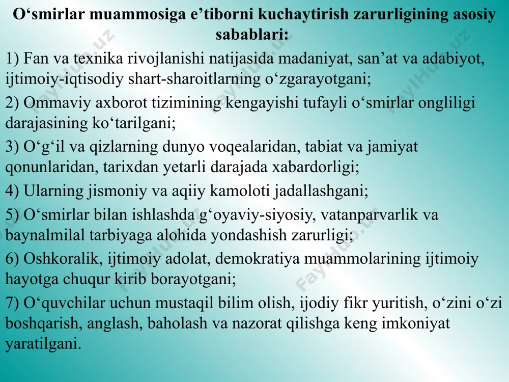 imoiy-psixologik ildizini topishga intiladilar. aslida esa o‘smirlarga yondashishda metodologik kamchilikka yo‘l qo‘yadilar. mazkur illatlarning oldini olish chora va tadbirlari tizimini ishlab chiqa olmaydilar. bu masalaga to‘g‘ri yondashish ayrim ilmiy tadqiqotlarda asoslab berilgan va o‘smirlik davri inqirozi haqida mulohaza yuritishdan ko‘ra, kattalar bilan o‘smirlar muomalasining inqirozi haqida gapirish to‘g‘riroq bo‘ladi, deb xulosa chiqarilgan. maktab va bilim yurtida, oilada mustaqil faoliyatga keng imkoniyatlar bo‘lsa, o‘quvchi muayyan vazifa va topshiriqlarni bajara boshlaydi. natijada o‘smirning ijtimoiy mavqeyi ortib, faoliyati takomillashib, psixikasi har tomonlama rivojlanib boradi. hozirgi o‘smirlar o‘tmishdoshlariga nisbatan jismoniy, aqliy va siyosiy jihatdan birmuncha ustunlikka ega. ularda jinsiy yetilish, ijtimoiylashuv jarayoni, psixiko‘sish oldinroq namoyon bo‘lmoqsa. shu sababli bizda o‘g‘il va qizlarni 10–11 dan 14–15 yoshigacha o‘smirlik yoshida deb hisoblanadi. venalik psixolog z.freyd va uning shog‘irdlari o‘smirlik davrini baholashda insonga azaldan berilgan qandaydir ilk mayl nishonasi sifatida vujudga keladigan o‘z mavqyeini belgilashga ongsiz intilishni eng muhim asos deb hisoblaydilar. z.freyd nazariyasining mutlaqo asossizligini ta’kidlab, …