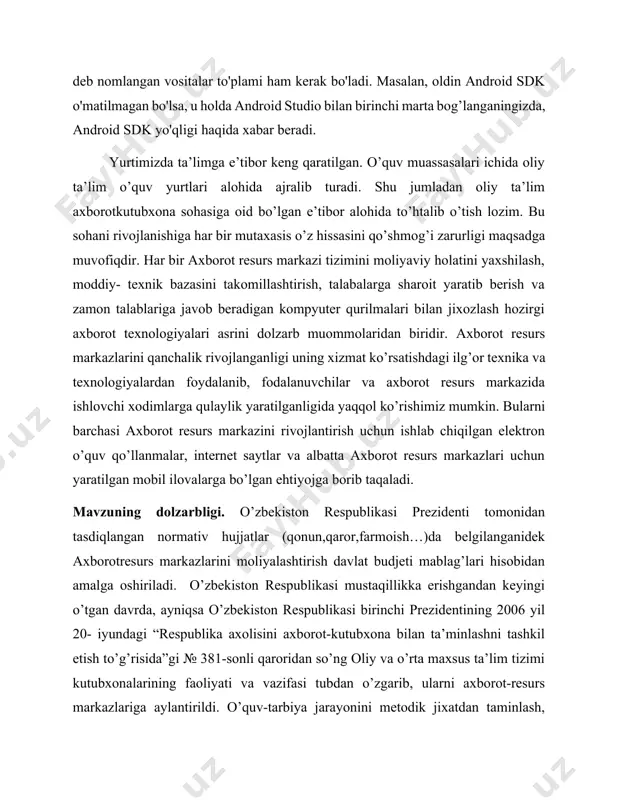 o’lmasdan hayotlarini o’tkazishga ishonmaydilar. mobil ilovalar bizning hayotimizni to’liq bo’lmasa ham sezilarli darajada egallab oldi desak xato bo’lmaydi. yetakchi mobil ilovalar do’konlarida milliardlab mobil ilovalar mavjud va ular mobil dasturlarni ishlab chiqaruvchi kompaniyalar va reklama agentliklari uchun milliard dollarlik daromadlarni ishlab chiqarishga javobgardir. i bob. qanday qilib mobil ilova yaratish mumkin? 1.1 mobil ilovalar yaratish bosqichlari ilova yaratishdan avval usiz ham ishni bitirsa boʻladimi degan savolga javob berish kerak. hozirda koʻplab ishlar veb sahifa, ijtimoiy tarmoq va telegram botlar yordamida amalga oshirilmoqda. masalan, tuman poliklinikasi uchun saytning qulay va tushunarli mobil versiyasini yaratish yetarli boʻlsa, taksi buyurtma qilish xizmati toʻlaqonli mobil ilovasiz qoniqarli faoliyat koʻrsata olmaydi. 1. gʻoya. agar dasturchi fitnes ilova qilishni rejalashtirayotgan boʻlsa, avval auditoriyani oʻrganish va uning ehtiyojlarini bilib olishi zarur. auditoriya 25—35 yoshlardagi, trenajyor zaliga qatnaydigan va vaznini nazorat qiladigan yosh insonlardan iborat boʻlishi mumkin. bunda ilovada shaxsiy kabinet boʻlishi, foydalanuvchi tugmalarni qanday almashtirishi va qalqib …
