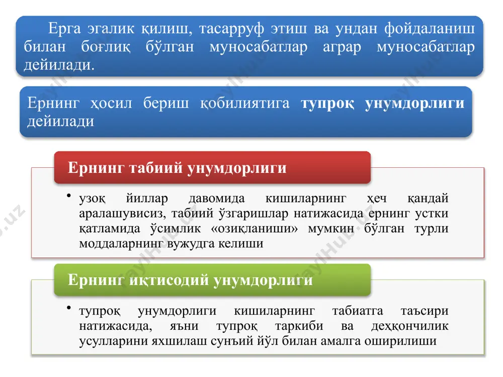 бсолют рента монопол рента бошқа ерда учрамайдиган табиий шароит, баъзан ноёб қишлоқ хўжалик маҳсулотлари етиштириш ер эгаларига монопол рента олиш имконини беради. их ижара хақи r ердан фойдаланганлик учун тўланадиган рента r ерга илгари сарфланган капитал учун фоиз а ер участкасини ижарага бергунга қадар унга қурилган иншоотлар амортизацияси не – ер нархи; r – рента; r* – ссуда фоизи меъёри. ернинг нархи иккита миқдорга боғлиқ: 1) ер участкаси эгаси олиш мумкин бўлган ер рентаси миқдорига; 2) ссуда фоизи меъёрига ер нархи. маълумки, ер инсон меҳнати маҳсули бўлмаганлиги сабабли алмашув қийматга эга эмас. шунга кўра, назариётчилар ер ва бошқа табиат инъомлари нархини иррационал нархлар деб атайдилар. 3. агросаноат интеграцияси ва агробизнес агросаноат интеграцияси – қишлоқ хўжалиги билан саноат, айниқса унга хизмат қилувчи ва маҳсулотни истеъмолчига етказиб берувчи туташ тармоқлар ўртасида ишлаб чиқариш алоқаларининг ривожланиши ҳамда уларнинг узвий бирикиш жараёнидир. агросаноат мажмуаси (асм) – бу қишлоқ хўжалик маҳсулотлари етиштириш, уни сақлаш, қайта …