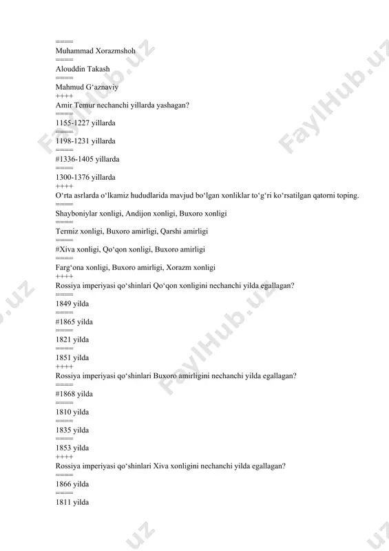 85 yillarda necha baravarga ko‘paygan edi? ==== 9,9 baravarga ==== #5,5 baravarga ==== 8,2 baravarga ==== 13,4 baravarga ++++ mustabid tuzum davrida ijtimoiy sohada ham ko‘rsatgichlar juda past bo‘lib, turar joy bilan ta’minlash bo‘yicha umum ittifoq ko‘rsatgichini necha foizini tashkil qilgan? ==== 91% (sobiq 15 respublikalar ichida 15-o‘rin) ==== 88% (sobiq 15 respublikalar ichida 10-o‘rin) ==== #65% (sobiq 15 respublikalar ichida 12-o‘rin) ==== 71 % (sobiq 15 respublikalar ichida 8-o‘rin) ++++ yurtimizda 1990-yil 30-aprelda qaysi demokratik partiyaning ta’sis qurultoyi bo‘lib o‘tdi? ==== #erk demokratik partiyasining ==== xalq demokratik partiyasining ==== fidokorlar demokratik partiyasining ==== uyg‘onish demokratik partiyasining ++++ 1989-yilning may-iyun oylarida respublikamizning qaysi hududida fojeali voqealar sodir bo‘ldi? ==== qarshida ==== xorazmda ==== navoiyda ==== #farg‘onada ++++ 1989 yil farg‘onaga shoshilinch ravishda sssr ichki ishlar vazirligi ichki qo‘shinlarining 13 ming kishilik bo‘linmasi keltirilib, aholining tinch namoyishi sssr ichki ishlar vazirligi qo‘shinlari tomonidan o‘qqa tutildi va ommaviy tus olgan tartibsizlik, ur-yiqitlar …