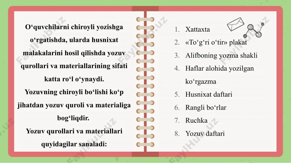 htirib boriladi, shuning uchun xattaxtada yozuvni amalga oshirish uchun uning rangi jigar rang va to‘q yashil bo‘lishiga erishish lozim. bunda xat aniq va chiroyli ko‘rinishga ega boladi. boshlang‘ich sinf o‘quvchilari foydalanadigan xattaxtaning uch qismdan iborat bo‘lishi, xattaxtaning bir bo‘lagiga yozuv daftarining, ikkinchi bo‘lagiga katak daftarining chiziqlari chizilishi juda muhimdir. bu chiziqlar yordamida o‘quvchi chiroyli yozuvga o‘rganadi. shuningdek, xattaxtaning bo‘yi ham chiroyli yozuvda katta ahamiyat kasb etadi, shu sababli u yuqori va pastga o‘quvchi bo‘yiga moslab harakatlantirishga moslangan bo‘lishi e’tiborga olinadi. bo‘r namunalari bo‘r xattaxtaga yozishda yozuv quroli sanaladi. uning yog‘li bo‘lishi katta ahamiyat kasb etadi. bo‘rning sifati yozuv sifatini ta’minlaydi. husnixatga o‘rgatishda yuqoridagilar e’tiborga olinishi shart. bo‘r yumshoq bo‘lishi lozim. u 15x15 mm qalinlikda va 50 mm uzunligida uncha katta bo‘lmagan shaklda tayyorlab qo‘yilgan bo‘lishi kerak. bunday shakldagi bo‘r parchasini barmoqlar bilan ushlash qulay va qo‘lni yengil harakatlantirish bilan turli qalinlikdagi shtrixlarni aniq chizishga erishish mumkin. bo‘r o‘rta va bosh …
