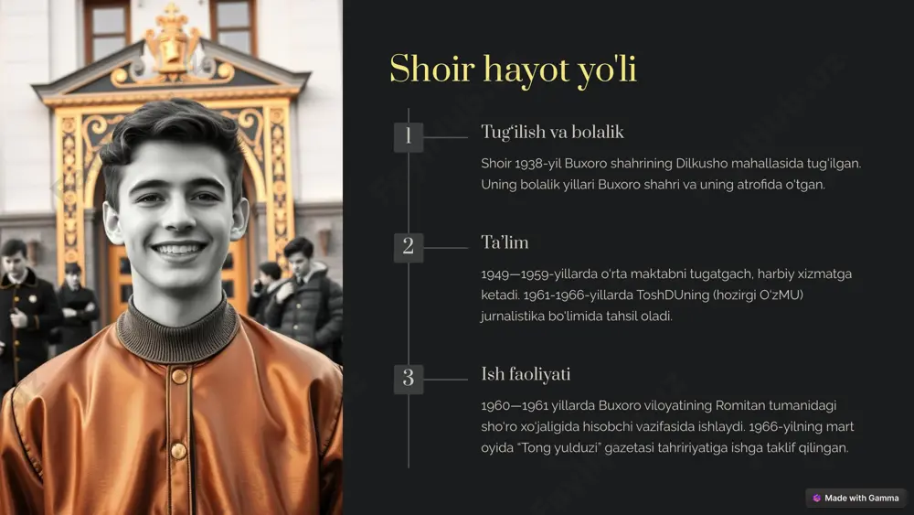 r yaratib qoldirgan sa’natkor edi. 4 shoirning sermahsul ijodi 1972 “birinchi tabassum” (qissalar) „dadamning qoilari“ (she’rlar va dostonlar) 1975 „sog‘inch“ (she’rlar, balladalar) 1977 „yulduzxon va bahoijon“ (she’rlar va ertaklar) 1980 „askar qaytgan kun“ (hikoyalar, qissalar) 1982 „oq laylaklar“ (hikoya, qissalar) 1984 „chehralar“ (balladalar) 1985 „egizaklar“ (hikoyalar, qissalar) „mukofot“ (hikoyalar) 1986 „tinchlikni ulug‘laymiz“ (she’rlar, dostonlar) 1988 „karimjon-karlson“ (hikoyalar, qissalar) 1989 „dadam haqida qo‘shiq“ (she’rlar, ertaklar) 1990 „yangi kunlar“ (qissa) 5 safar barnoyev hikoyalarining g‘oyaviy-badiiy mundarijasi vatanparvarlik safar barnoyev asarlarida vatanparvarlik g‘oyasi muhim o‘rin tutadi. u o‘z asarlarida vatanni sevish, unga sadoqat, xalqqa xizmat qilish kabi fazilatlarni targ‘ib qiladi. insoniylik uning asarlarida insoniylik, mehr-oqibat, do‘stlik, halollik kabi fazilatlar ulug‘lanadi. u bolalarni yaxshilikka, ezgulikka, adolatga intilishga chorlaydi. bolalik dunyosi safar barnoyev bolalik dunyosini, bolalarning orzu-umidlarini, xarakterlarini, o‘ziga xos dunyoqarashini chuqur va samimiy tasvirlaydi. 6 asarlari tahlili til va uslub safar barnoyevning asarlari sodda, tushunarli, bolalar tiliga moslashgan til va uslubda yozilgan. uning asarlarida …
