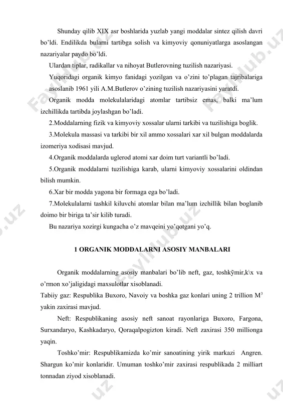 di. qishloq xo’jalik maxsulotlari: bularga asosan paxta, ipak, jun, don- dunli ekinlar. asosan gellyuza , paxta tolasini, kraxmal don ekinlarini, saxaroza-lavlagini asosini tashkil qiladi. mevalardan olma, limon kislotalari terpenlarda-limonin, glyukoza va x.k. ikkinchi: sintez yo’li bilan ya’ni ma’lum moddalarni ko’shib undan ma’lum bir moddani organik moddalar olinadi. biz sizlar bilan laboratoriya ishlari bajarish jarayonida ayrim moddalarni olish usullarini o’rganamiz. ammo keyingi vaqtda fizikaviy—kimyoviy metodlar keng qo’llanilmoqda. bular jumlasidan moddalarni ik—pmr. molekula ms, uf. kabi spektroskopik metodlar kiradi. 2. organik birikmalarning sinflanishi organik birikmalarning xosil qilgan skeletlariga uglerod atomlarining molekulada joylanishiga qarab uchta katta sinfga bo’linadi. alitsiklik birikmalar. 2.karbotsiklik birikmalar. 3.geterotsiklik birikmalar organik birikmalarning kimyoviy xususiyatlari ularning tarkibidagi atom va atomlar gruppalarning xususiyatlariga bogliq. bu gruppalarning funktsional gruppalar deb ataladi. m: --on funktsional gruppa bo’lsa spirtlar yoki fenollar –no2- bo’lsa nitro birikmalar deb ataladi. umuman uglevodorodlar organik moddalarning genetik asosini tashkil qilib ular tarkibidagi vodorodlar o’rniga funktsional gruppalar kelishi natijasida organik …