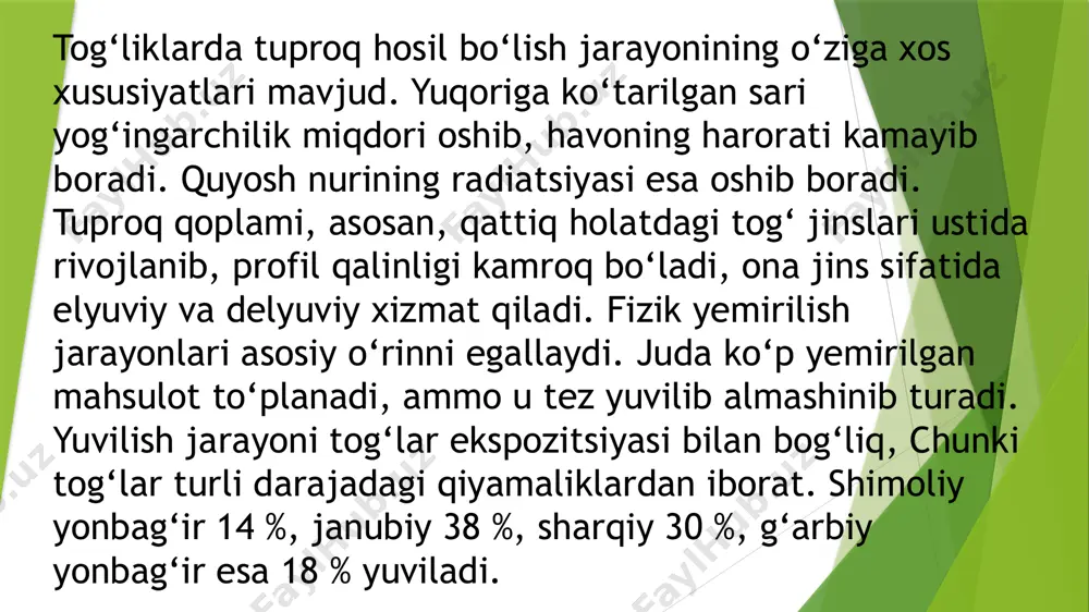 lgan yerdan ikki milliard gektar va 2000-yil oxiriga borib esa yana bir milliard gektar yer eroziya natijasida ishdan chiqishi aniqlangan. tabiiy tuproqlar, asosan, o‘zlashtirilgan bo‘lib, ular faqat tog‘larda, cho‘llarda, sahrolarda uchrashi mumkin. inson bo‘z yerlarni o‘zlashtirib, madaniy ekinlar ekib, sug‘orib, ishlov berib, organik va mineral o‘g‘itlarni tuproqqa solib, uning morfologik tuzilishini, fizik xossalari va kimyoviy tarkibini tubdan o‘zgartirib yuboradi. natijada, yerning relyefi, iqlimi, o‘simlik va hayvonot dunyosi, tuproq va o‘simlik o‘rtasidagi energiya almashinuvi, suv rejimi tamomila o‘zgarib ketadi. tabiiy tuproqlarning o‘zlashtirilish natijasida, tuproq hosil qiluvchi omillar iqlim, relyef, ona jinsi, vaqt, o‘simlik va hayvonot dunyosining ta’siri ham o‘zgaradi. demak, qo‘riq yerlar o‘zlashtirilishi bilan tabiiy omillar ta’siri kamayib, madaniy tuproq hosil bo‘lishiga tomon omillarning ta’siri avj olib boradi. tuproq evolyutsiyasi davom etib, gumusga boy, donador haydalma qatlam hosil bo‘ladi. madaniy o‘simlik rivojlanishi va o‘sishi uchun issiqlik, suv havo, oziqlanish sharoiti vujudga keladi. madaniy tuproqlarning rivojlanishi insoniyat tarraqqiyoti tarixi, sug‘orish dehqonchiligi, gidrotexnik, …