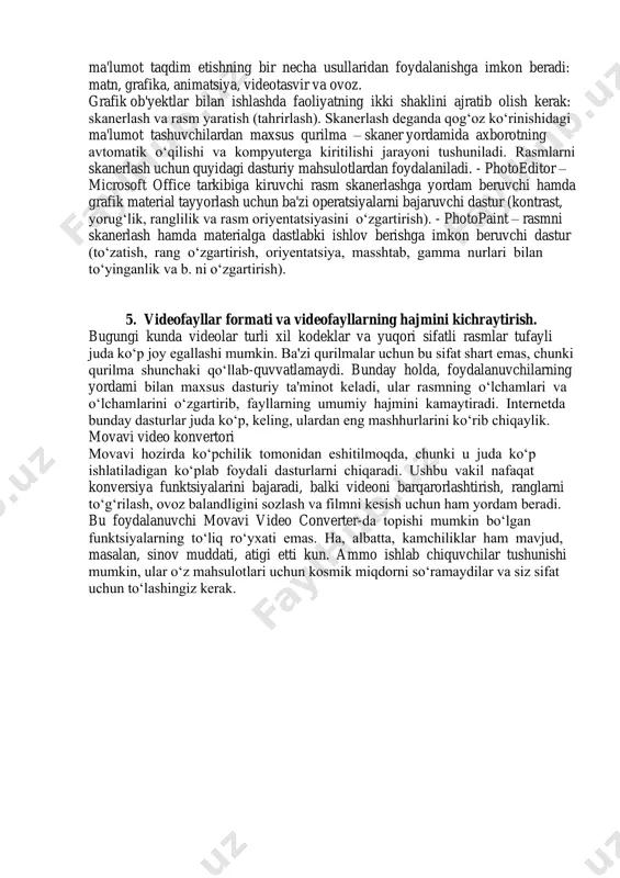 qtdagi ish, o‘z tabiatiga ko‘ra statik bo‘lgan matn va grafikadan farqli ravishda, audio va video signallar faqat vaqtning ma’lum oralig‘ida ko‘rib chiqiladi. video va audio axborotlarni kompyuterda qayta ishlash va aks ettirish uchun markaziy protsessor tez harakatchanligi, ma’lumotlarni o‘zlatirish shinasining o‘tkazish qobiliyati, operativ (tezkor) va video-xotira katta sig‘imli tashqi xotira (ommaviy xotira), hajm va kompyuter, kirish-chiqish kanallari bo‘yicha almashuvi tezligini taxminan ikki baravar oshirilishi talab etiladi.”inson- kompyuter" interaktiv muloqotining yangi darajasi, bunda muloqot jarayonida foydalanuvchi ancha keng va har tomonlama axborotlarni oladi, mazkur holat ishlash yoki dam olish sharoitlarini yaxshilashga imkon beradi. 4. multimediali taqdimot. bugungi kunda axborot taqdim etishning yagona va eng zamonaviy shakli hisoblanadi. bu matnli ma'lumotlar, rasmlar, slayd-shou, . diktor jo‘rligidagi ovoz bilan boyitilgan, videoparcha va animatsiya, uch o‘lchamli grafika tarzidagi dasturiy ta'minot bo‘lishi mumkin. taqdimotning ma'lumot taqdim etishning boshqa shakllaridan asosiy farqi ularning mazmunan boyitilganligi va interfaolligidir, ya'ni belgilangan shaklda o‘zgarishga moyilligi va foydalanuvchi faoliyatiga munosabatini …