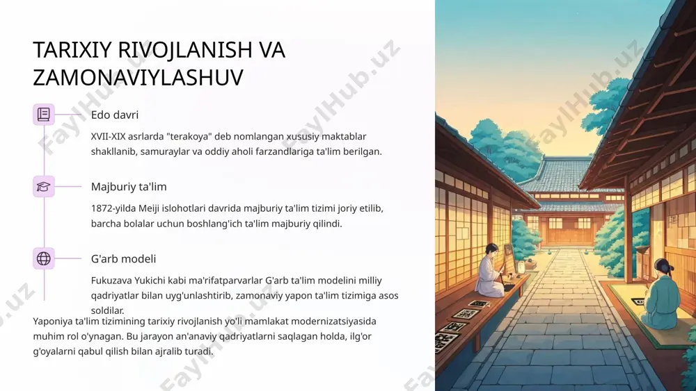 arlik yapon o'quv yili g'arb davlatlaridan farqli ravishda aprel oyida sakura gullagan vaqtdan boshlanadi. o'quvchilar haftasiga 5-6 kun, har kuni 6-7 soat dars o'qiydilar. tatillar qisqa bo'lib, o'quvchilar dam olish paytida ham uy vazifalarini bajaradilar. bunday jadval o'quvchilarni mehnatsevarlikka va vaqtdan unumli foydalanishga o'rgatadi. yapon maktabida o'quv muhiti va tartib 42 o'quvchilar bir sinfdagi maksimal o'quvchilar soni 1000+ maktab hajmi o'rtacha maktabdagi o'quvchilar soni 95% intizom darsga o'z vaqtida qatnashish ko'rsatkichi yapon maktablarida sinflar katta bo'lib, bir sinfda 35-42 tagacha o'quvchi ta'lim olishi mumkin. bunday katta sinflar o'quvchilarni jamoa bo'lib ishlashga, bir-biriga yordam berishga va ijtimoiy mas'uliyatni rivojlantirishga xizmat qiladi. o'quvchilar maktab xonalarini o'zlari tozalaydilar, navbatchilik qiladilar va tartibga rioya qiladilar. bu kollektiv mas'uliyat va mehnatsevarlik ruhini tarbiyalaydi. ta'limda axloqiy va ijtimoiy tarbiya axloq darslari maktablarda maxsus "tokubetsu katsudo" darslari orqali axloqiy qadriyatlar, tartib va milliy an'analar o'rgatiladi. guruh ishlari "han" nomli kichik guruhlarda ishlash orqali hamkorlik, mas'uliyat va boshqalar …