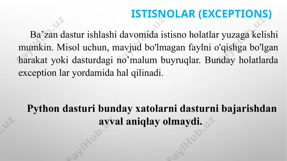 ishdan to'xtaydi. dastur natijasi keling, yuqoridagi kodni try-except yordamida yozib ko’ramiz: try: yosh = int(yosh) print(f"siz {2022-yosh} yilda tug'ilgansiz") except: print(“siz butun son kiritmadingiz. iltimos butun son kiriting. . .") ​print(“dastur tugadi!”) bu yerda ham dastavval foydalanuvchi yoshini so'radik. int() finksiyasini esa try tanasini ichida yozdik, agar foydalanuvchi to'gri qiymat kiritgan bo'lsa kodimiz foydalanuvchi tug'ilgan yilini hisoblab ko'rsatadi, exception (istisno) yuz berganda esa "butun son kiritmadingiz" xabarini konsolga chiqaradi. lekin dastur bajarilishdan to'xtamaydi, va try-except blokidan keyingi qatorlar ham bajarilaveradi (print("dastur tugadi!")). buni quyidagi natijadan ham ko'rishimiz mumkin: finally bloki finally bloki try va except dan keyin kiritilib, xato bo'ladimi yoki yo'qmi, oxirida albatta bajariladi. bu, asosan, resurslarni yopish yoki tozalash uchun qo'llanadi. try: fayl = open("ma'lumot.txt", "r") ma'lumot = fayl.read() print(ma'lumot) except filenotfounderror: print("xatolik: fayl topilmadi!") finally: fayl.close() print("fayl yopildi.") try: son = int(input("son kiriting: ")) natija = 100 / son except zerodivisionerror as xato: print(f"xatolik: {xato}") except valueerror …