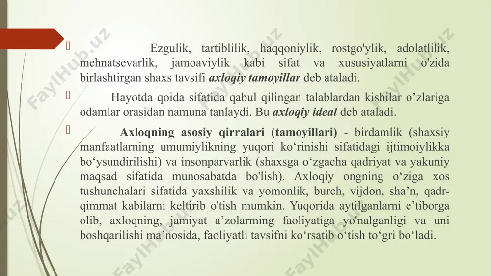 unosabatlarinmg o‘rnatilishi, dialog nuqtai nazariga muvofiq tarzda shunday xulosaga kelindiki, ma’naviy-axloqiy tarbiyaning muvaffaqiyatli bo‘lishi uchun psixik jarayonlarga (innotivasiya, anglash, interiorizasiya va boshqalar) tashqi ta’sirlar ichki, individual-shaxsiyga organik va mustahkam aylanadigan pedagogik shart-sharoitlarni yaratish zarur. 3.ma’naviy-axloqiy tarbiya metodlari. ma’naviy-axloqiy tarbiya metodlarini shartli ravishda quyidagicha tasnif etish mumkin: ma’naviy-axloqiy ongni shakllantirish metodlari: hikoya, tushuntirish, etik suhbat, izohlash, nasihat, o‘git, ko‘rsatma, namuna va boshqalar. ma’naviy-axloqiy xulq-atvorni shakllantirish metodlari: mashq, o’rgatish, pedagogik talab, tarbiyalovchi vaziyat, topshiriq va hakozolar. ma’naviy-axloqiy motivasiyani hosil qilishga doir metodlar: rag‘batlantirish, musobaqa, tanbeh berish kabilar. e’tiboringiz uchun raxmat! image1.png image2.png image3.png image4.png /docprops/thumbnail.jpeg