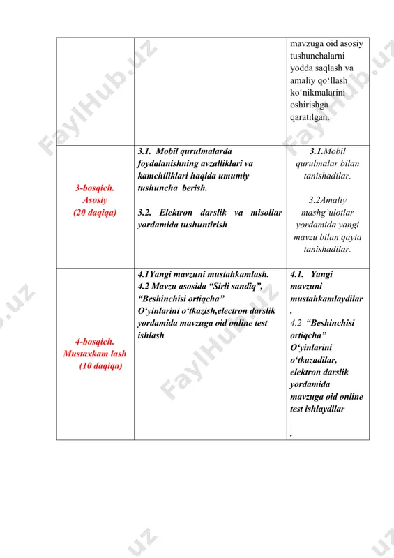 ash. mashg‘ulotni tashkil etish bosqichlari: 1. savol-javob orqali takrorlash o‘quvchilarga oldindan o‘tilgan mavzuga doir savollar beriladi. masalan: · mobil qurilmalar qanday asosiy turlarga bo‘linadi? · smartfon va planshetlarning o‘zaro farqlari nimalarda? · operatsion tizimlar qanday vazifani bajaradi? · mobil ilovalar qanday imkoniyatlarni beradi? · mobil qurilmalarni xavfsiz ishlatish uchun nimalarga e’tibor berish kerak? bu orqali asosiy tushunchalar yana bir bor ko‘rib chiqiladi. 2. asosiy tushunchalarni mustahkamlash o‘quvchilar quyidagi jihatlar bo‘yicha qisqacha sharh berishlari mumkin: · mobil qurilmalar tarixi: dastlabki mobil telefonlardan zamonaviy smartfonlargacha. · texnik imkoniyatlar: sensorli ekran, kamera, internet ulanishi, gps, biometrik himoya. · dasturiy ta’minot: android, ios va boshqa operatsion tizimlarning imkoniyatlari. · qo‘llash sohalari: ta’lim, biznes, sog‘liqni saqlash, ko‘ngilochar sohalar. 3. amaliy topshiriqlar orqali takrorlash talabalar quyidagi topshiriqlar orqali mavzuni takrorlashadi: · texnik tavsiflarni solishtirish: har xil mobil qurilmalarni taqqoslash va ularning imkoniyatlarini ajratib ko‘rsatish. · dasturiy ta’minot tahlili: mashhur mobil ilovalarni ko‘rib chiqish va ularning foydalari …