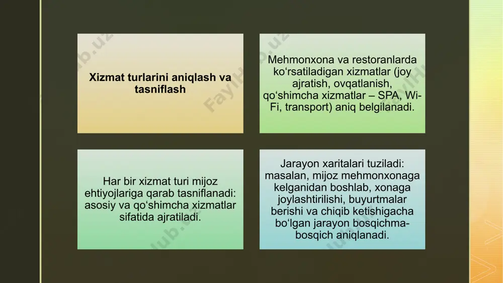 htiyojlari va kutganlarini yaxshiroq tushunishga imkon beradi. ​ fikr-mulohazalarga javob berish: mijozlarning fikrlariga tezkor va samimiy javob berish ularning ishonchini oshiradi va muammolarni o‘z vaqtida hal qilishga yordam beradi. bu mijozlar bilan mustahkam munosabatlar o‘rnatishga xizmat qiladi. xizmat sifatini doimiy takomillashtirish xodimlarni muntazam o‘qitish: xodimlarning malakasini oshirish va ularni yangi xizmat standartlari bilan tanishtirish orqali xizmat sifatini doimiy ravishda yaxshilash mumkin. bu mijozlarga yuqori darajadagi xizmat ko‘rsatishni ta'minlaydi. ​ yangi texnologiyalarni joriy etish: raqamli texnologiyalar va avtomatlashtirilgan tizimlardan foydalanish xizmat jarayonlarini soddalashtiradi va mijozlarga qulaylik yaratadi. masalan, onlayn bronlash tizimlari, mobil ilovalar yoki sun'iy intellekt asosidagi xizmatlar. e’tiboringiz uchun rahmat image4.jpeg image5.jpeg image6.jpeg image2.png image3.png /docprops/thumbnail.jpeg