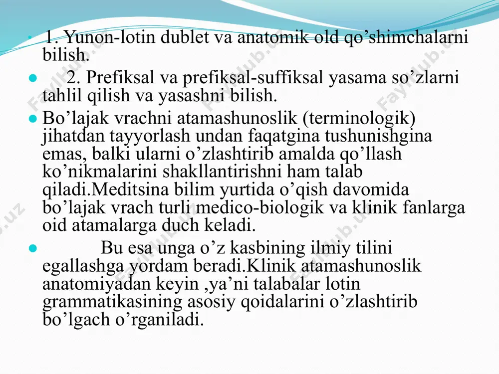 infrascapularis hypogastricus hypotonia kurak osti qorin osti me’da oid qon bosimining pasayishi t.r. prefikslar ma’nosi misollar tarjimasilotin yunon 1 2 3 4 5 6 6 super supra epi hyper yuqorigi, ustki, normadan ortiq superior supraorbitalis epiphysis epigastricus yuqorigi ko’z kosasi usti, uzun suyaklaming ikki uchi me’da usti 7 ante prae pro oid antebrachium anteuterinus pronephros bilak bachadonning old qismi oldingi buyrak 8. post meta orqadagi, boshqa qiyofaga kirish posterior postoperativus metacarpus metabolismus orqadagi, ortki operatsiyadan so’ng kaft modda almashuvi 9. inter meso oraliq, o’rta, aro intervertebralis interscapularis interdentalis mesoderma umurtqalararo qovurg’alararo tishlararo pushtning o’rta varag’i 10. circum peri para atrofida aylanma, to’garak circumferentia periosteum paiasternalis doira suyak ustki pardasi to’sh yoni lotin-yunon prefikslari t.r. prefikslar ma’nosi misollar tarjimasilotin yunon 1 2 3 4 5 6 11. trans dia ko’ndalang transplantatio transversus diathermia ko’chirib o’tkazish ko’ndalang issiq o’tkazish 12. retro re orqadan, qaytadan boshlanmoq, tiklash retromandibularis retroflexio reanimatio reabilitatio pastki jag’ …