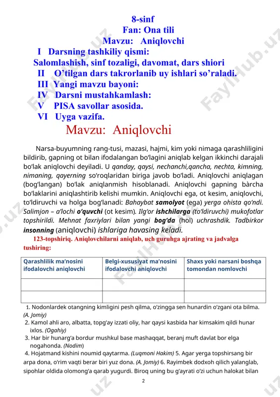 natijalanib, usta mo‘minjon ismlik bir miltiq ustasining otqan o‘qi bilan ko‘kragidan yaralanib yiqildi mavzu: aniqlovchi va uning turlari aniqlovchilarning bir xili narsa-buyumning belgisini (rangi, miqdori, mazasi, hajmi) ni bildirsa, boshqa xili narsa-buyumning kimga yoki nimaga qarashliligini bildiradi yoxud boshqa tomondan nomlaydi. shunga ko’ra, aniqlovchi uchga bo’linadi: 1. sifatlovchi aniqlovchi 2. qaratqich aniqlovchi 3. izohlovchi aniqlovchi. misol: yangi (s.a) binolar qishloqning (q.a) husniga husn qo’shmoqda. kapitan (i.a) mansurov so’zladi. 1. sifatlovchi aniqlovchi narsa – buyumning rangi, ta’mi, hajmi, miqdori, xarakter- xususiyatini bildirib, o’zidan keying bo’lakka bitishuv yo’li bilan tobelangan aniqlovchilarga sifatlovchi aniqlovchi deyiladi. sifatlovchi aniqlovchi qanday, qanaqa, qancha, nechanchi, qaysi kabi so’roqlarga javob bo’ladi va quyidagi so’zlar bilan ifodalanadi: sifat: yaxshi fikrlar ham eng yaxshilariga joy bo‘shatib bermog‘i lozim. son: shu orada to‘rttacha samosval oldinma-ketin g‘isht to‘kib ketdi. sifatdosh: bir yil tut ekkan kishi yuz yil gavhar teradi. olmosh: qaysi gulni yoqtirasiz?; ot: kumush qishdan, zumrad bahordan, qolishmaydi kuzning ziynati. ravish: …