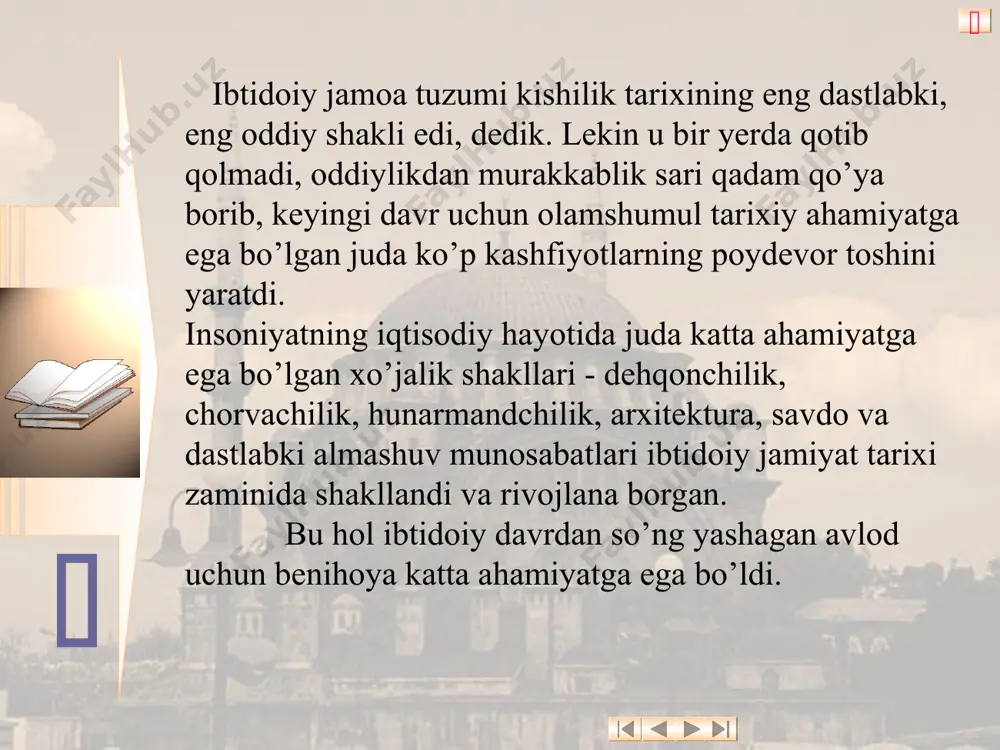  ibtidoiy jamoa tarixining umumiy davrlashtirishi dastlab 1870 yilda buyuk amerikalik etnograf lyuis genri morgan tomonidan tuzilgan. xvsh asrda mavjud bo’lgan tarixiy jarayonni yovvoyilik, varvarlik va tsivilizatsiya zamonalariga bo’linishidan foydalangan holda hamda asosan ishlab chiqaruvchi (hayot uchun muhim bo’lgan vositalarning ishlab chiqilishi) kuchlarning taraqqiyot darajasida asoslangan holda, u yovvoyilik va varvarlik zamonalarini pastki, o’rta va yuqori bosqichlarga ajratdi. evvoyilikning pastki bosqichi odamning paydo bo’lishidan va nutqning paydo bo’lishidan boshlanadi, o’rta bosqich baliqchilikning paydo bo’lishi va olovdan foydalanishdan boshlanadi, yuqori bosqich o’q-yoyning kashf etilishidan boshlanadi. varvarlikning pastki bosqichiga o’tish kulolchilikning yoyilishi bilan boshlanadi, dehqonchilik va chorvachilikning vujudga kelishi varvarlikning o’rta bosqichida bo’ladi, temirni o’zlashtirish bilan esa varvarlikning yuqori bosqichi boshlanadi. yozuvning-alfavitning paydo bo’lishi bilanoq tsivilizatsiya zamonasi boshlanadi.  adabiyotlar: asqarov a. o’zbekiston tarixi . - t, o’qituvchi. 1994. muxammadjonov a. o’zbekiston tarixi – t o’qituvchi.1996.o’zbekiston tarixi .- t,. universitet. 1997 . pershits a., mongayt a., alekseev v.p. istoriya pervobitnogo obshestva. - …